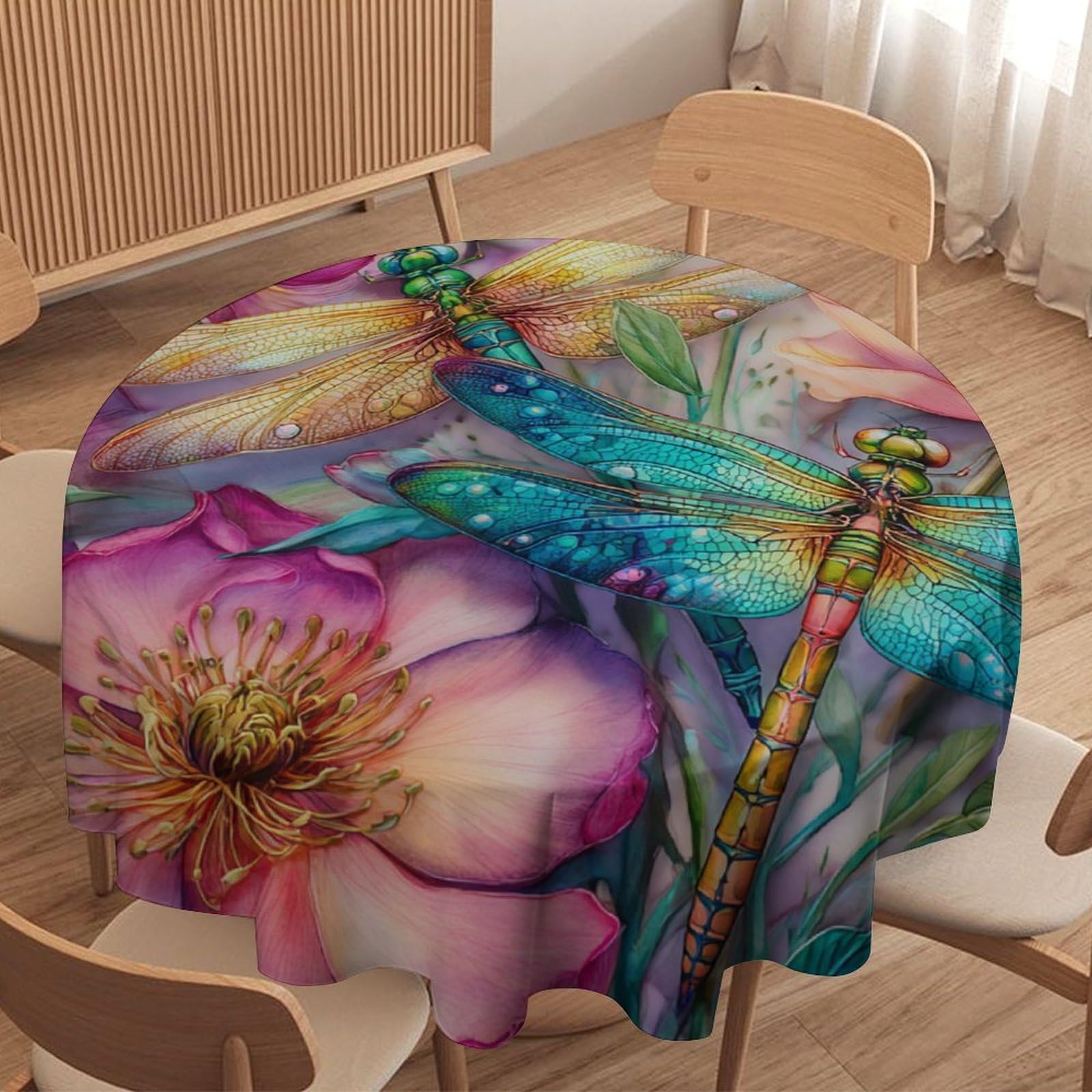 LUYYSKY Vintage Modern Dragonflies Waterproof Round Tablecloth Classic Oil Painting Plant Flowers Animal Dragonfly Print Washable Table Cover for Kitchen-152.4" Wx152.4 L cm