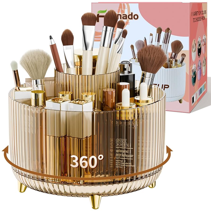 360° Rotate Makeup Brush Holder Organizer, Makeup Organizers Countertop, Makeup organization and Skincare Storage for Vanity, Desktop, Bathroom (Clear Amber)