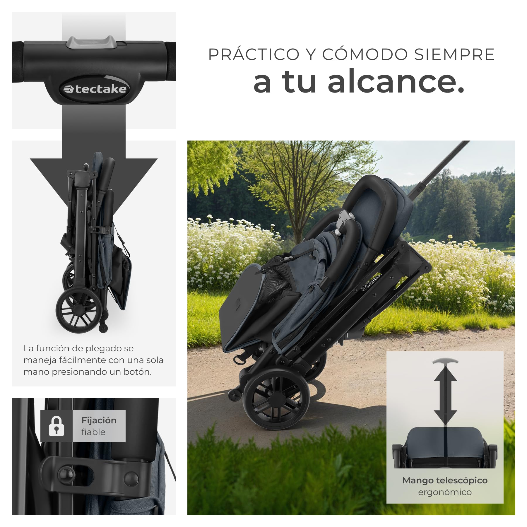 tectake® Carrito de Bebé, Silla de Paseo Plegable, Cochecito Bebés de 0-36 Meses, Arnés de 5 Puntos, Respaldo y Reposapiés Ajustables, Carro de Bebé Compacto, Protección Solar UV - antracita