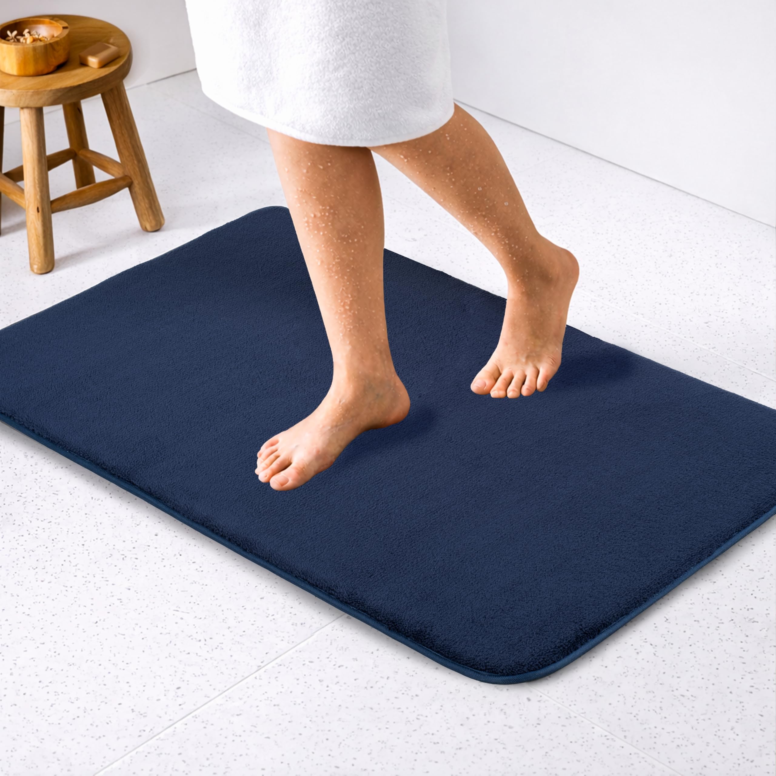American Soft Linen 21x32 Fluffy Foamed Slip Reducer Bath Rug, Machine Washable Area Bath Mat Rugs for Bathroom, Navy Blue