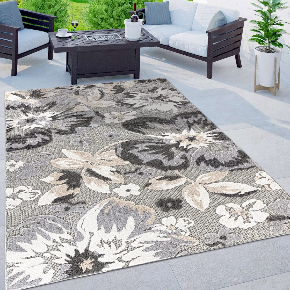 Rugshop Bergamo Contemporary Floral Non-Shedding Easy Cleaning Patio Deck Backyard Indoor/Outdoor Area Rug 7'10" x 10' Gray
