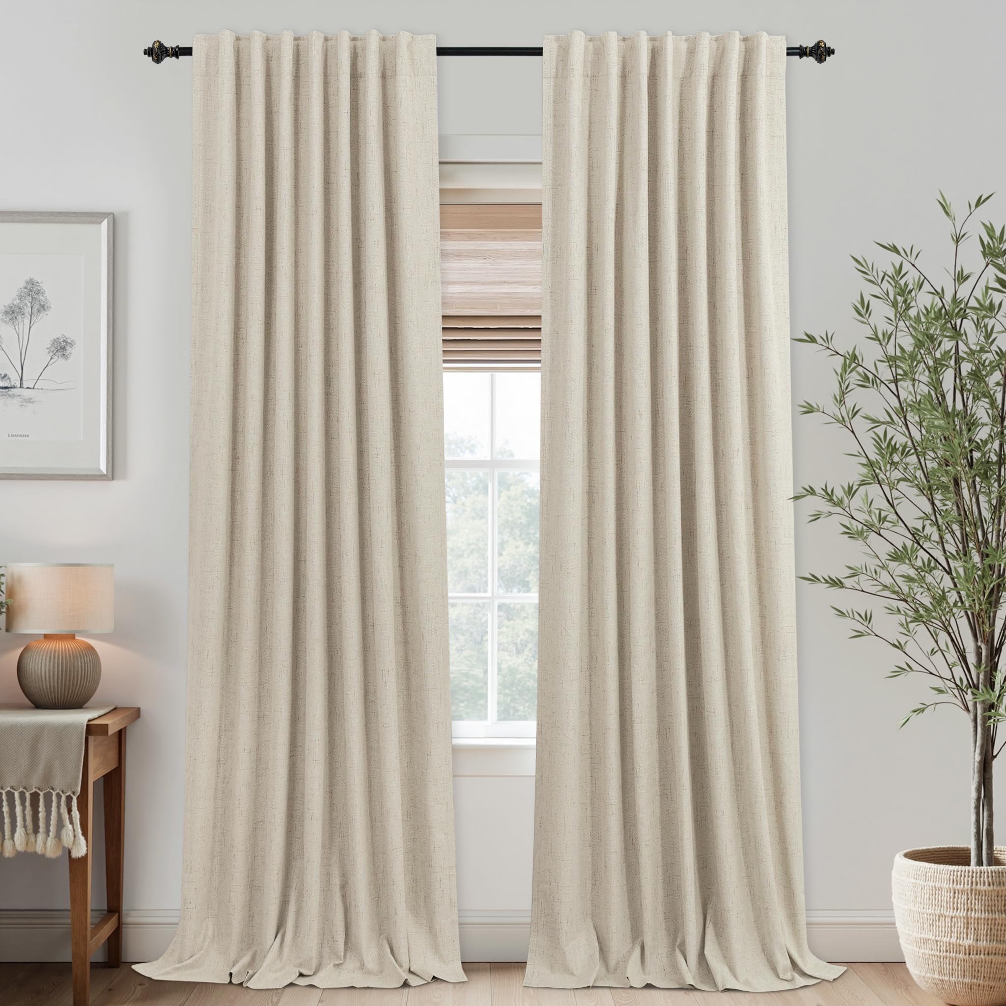 KOUFALL 100 Inch Curtains Long,Blackout Beige Linen Back Tab Pleated Black Out Curtains for Bedroom Living Room 2 Panels Set