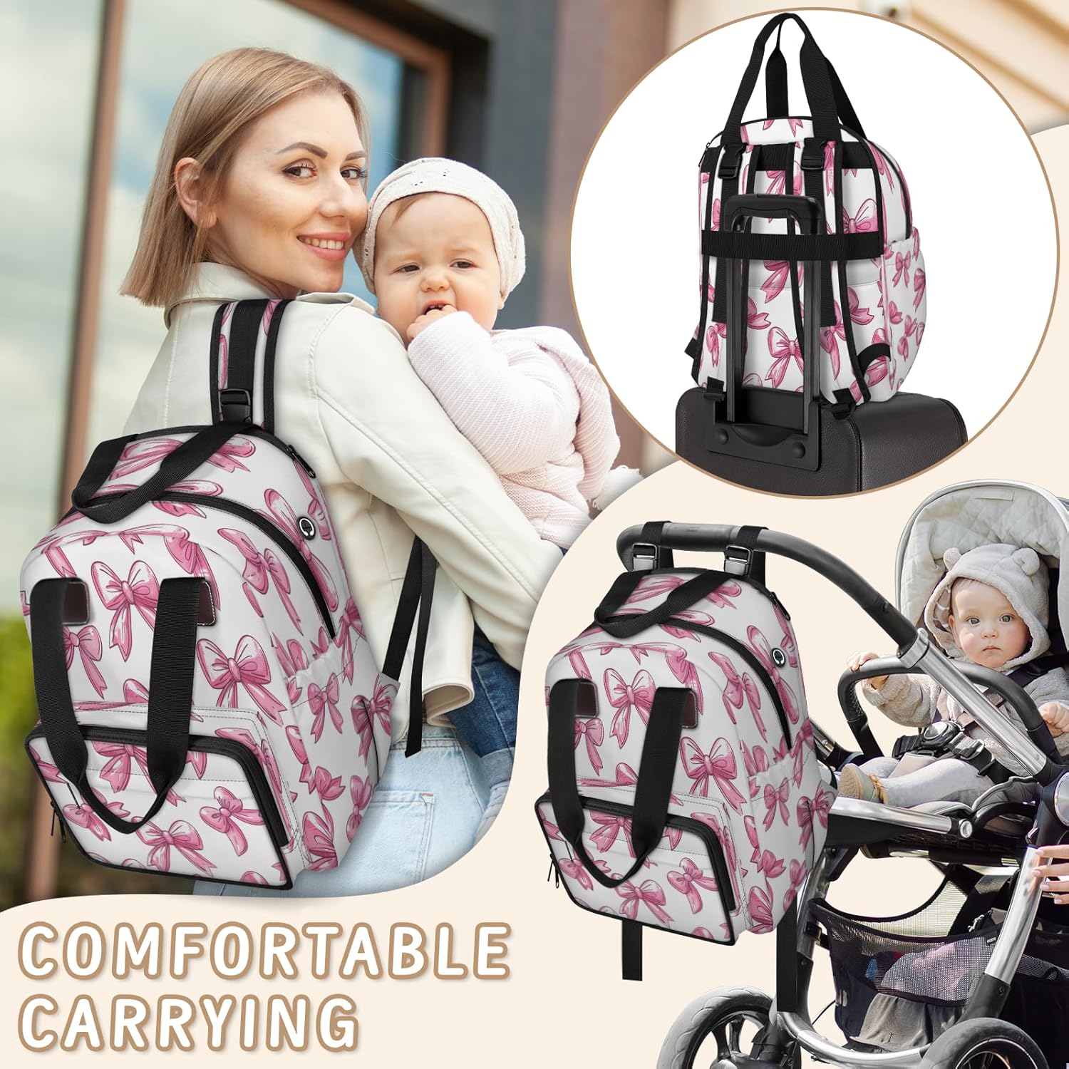 Baby Diapers Bag Backpack, Bows Waterproof Large Baby Bag for Mom Dad, Bow Tie Knot Travel Diaper Bag Backpack
