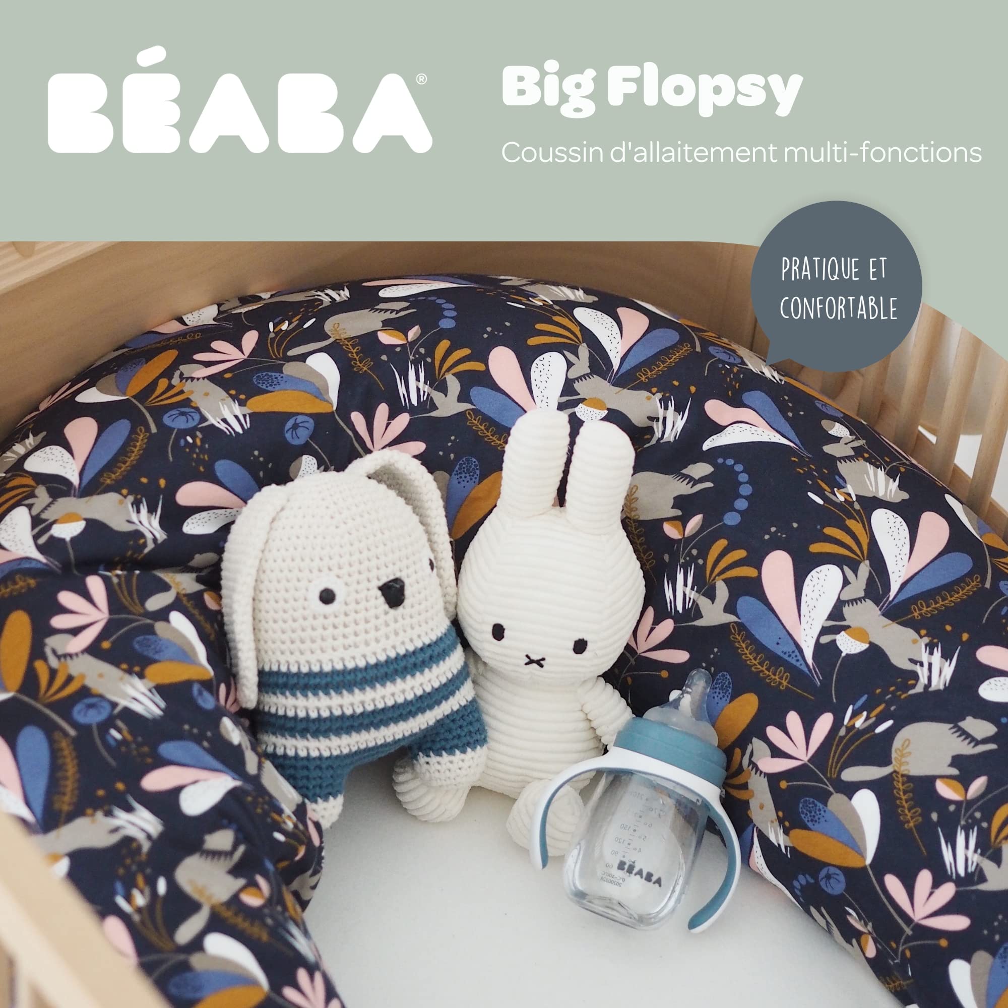 BÉABA, Big Flopsy, Coussin Allaitement/Grossesse, Oreiller Maternité, Multifonctions, Convient pour Dormir/Allaiter, Soutien, Détente et Confort Optimal, Nuit Apaisée, Fleur de Coton, Oekotex, Argile