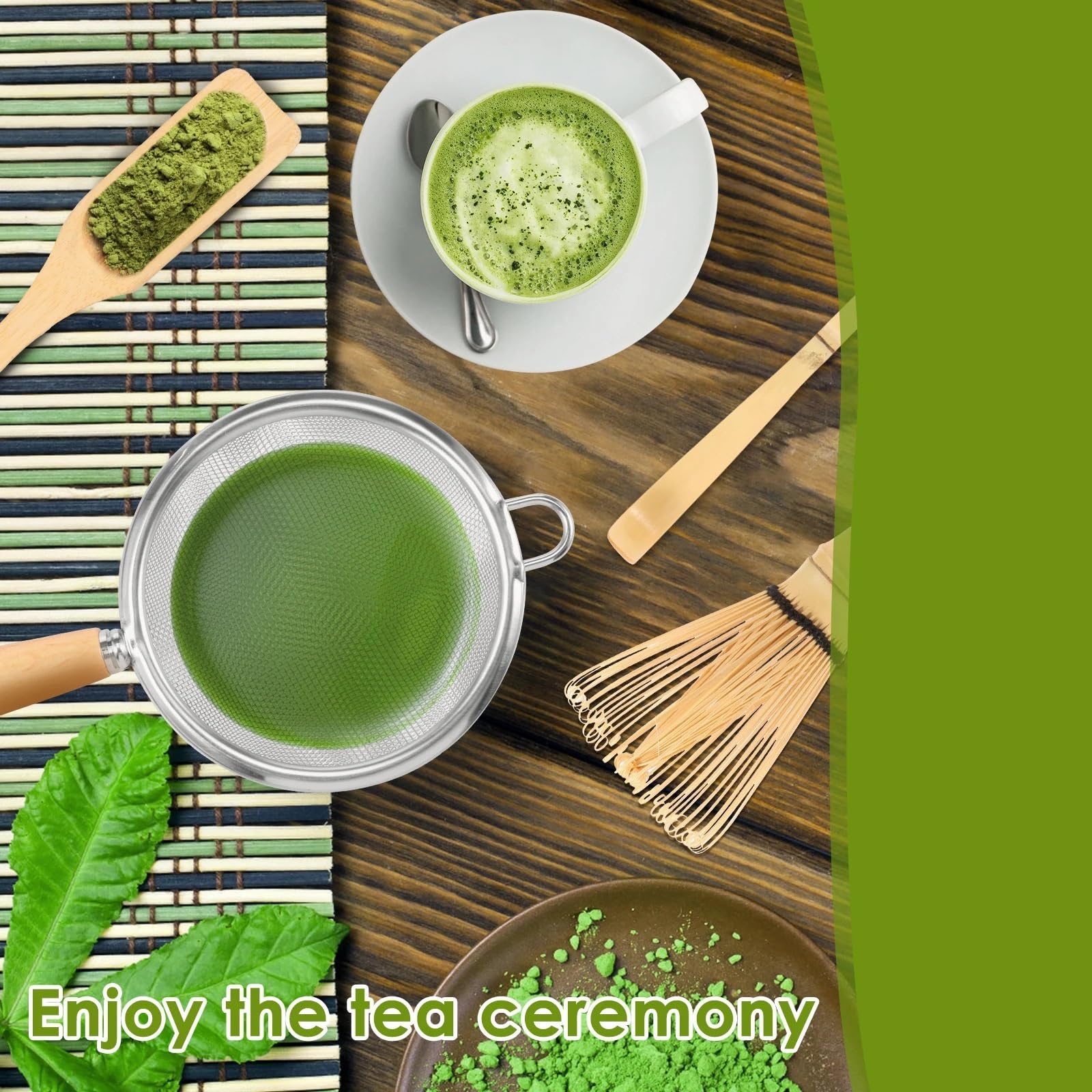 Servicio de té Matcha Juego de 4 o 5 batidores matcha hechos a mano, cuchara for té tradicional, colador profundo, soporte transparente for almacenamiento(5Pcs)