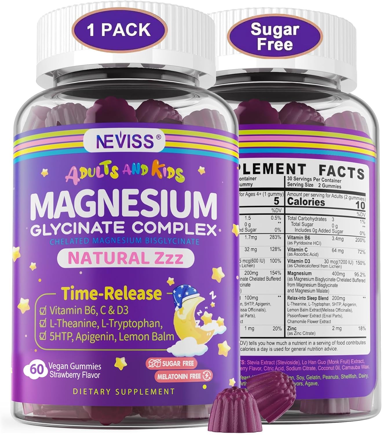 Product image of Magnesium Glycinate Gummies for Adults & Kids 4+, Sugar Free Magnesium Bisglycinate Supplement 400/200mg with B6D3, 5HTP, L-Theanine for Sleep & Relaxation, Brain, Muscle, Melatonin Free Gummies,1Pack