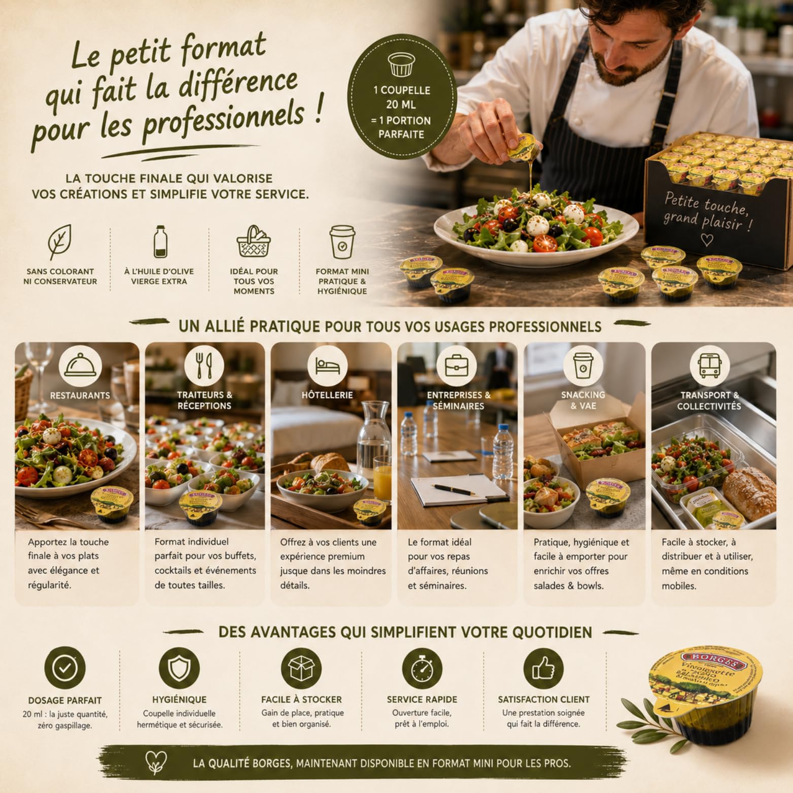 BORGES - 90 coupelles de vinaigrette au vinaigre balsamique - 20 ml | Portions individuelles pratiques - Salade, plateau repas, pique-nique, panier repas - Particuliers et professionnels