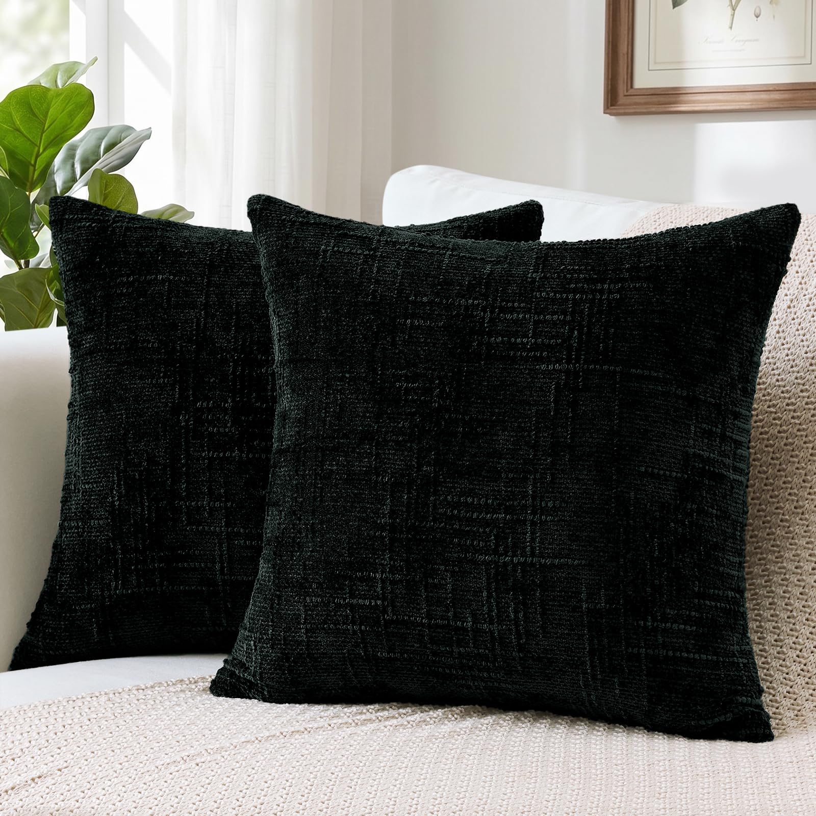 Sungeek Pack of 2 Chenille Textured Cushion Covers 40x40cm, Farmhouse Solid Dyed Throw Pillow Case Cover, Decorative Square Cushion Case for Home Decor Couch Sofa Bed Living Room, Black โ image 1