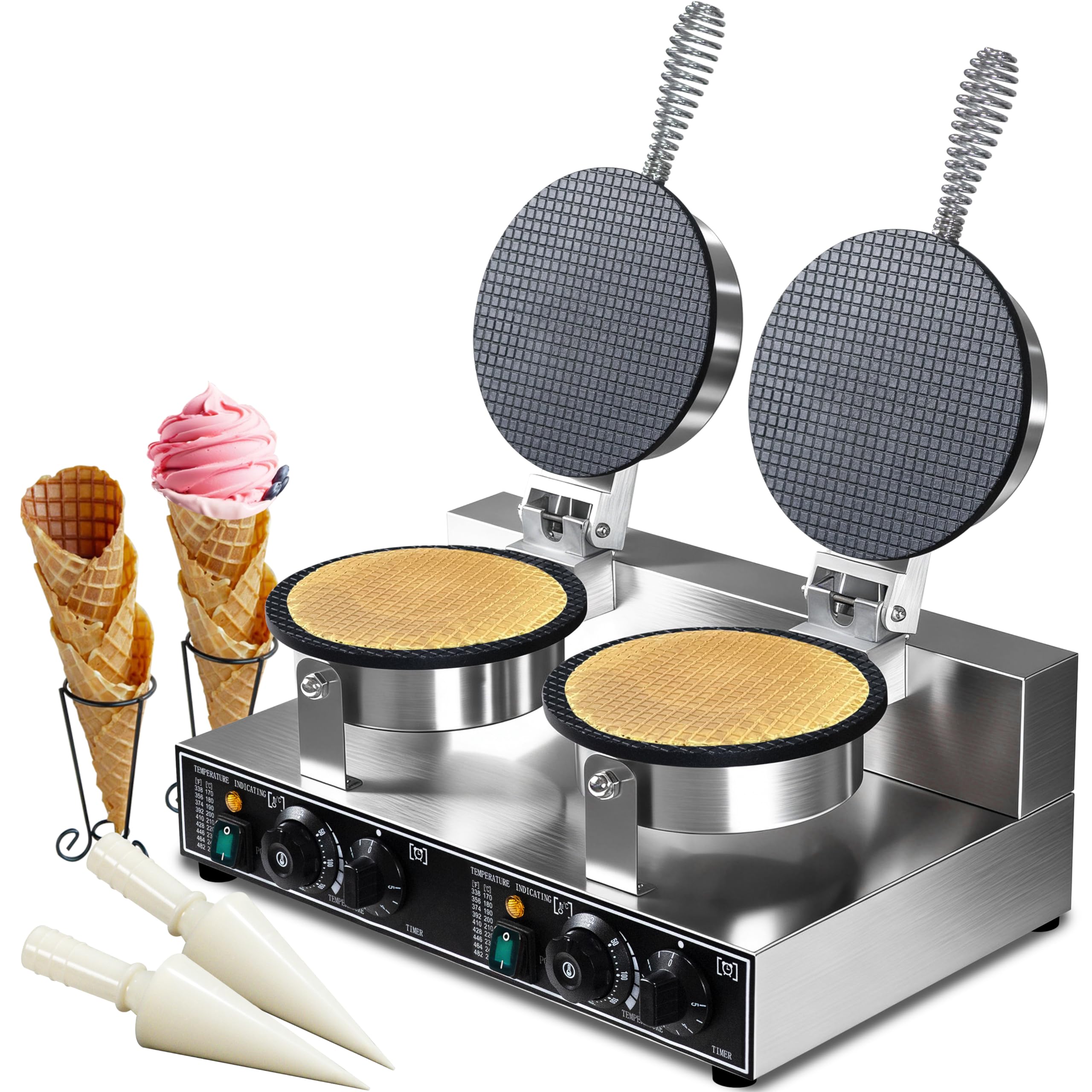 Waffle Cone Maker Commercial 2600W Professional Ice Cream Cone Waffle Maker Machine, Electric Commercial Waffle Cone Maker Machine With Temp & Time Control for for Restaurant Bakery Snack Bar Family
