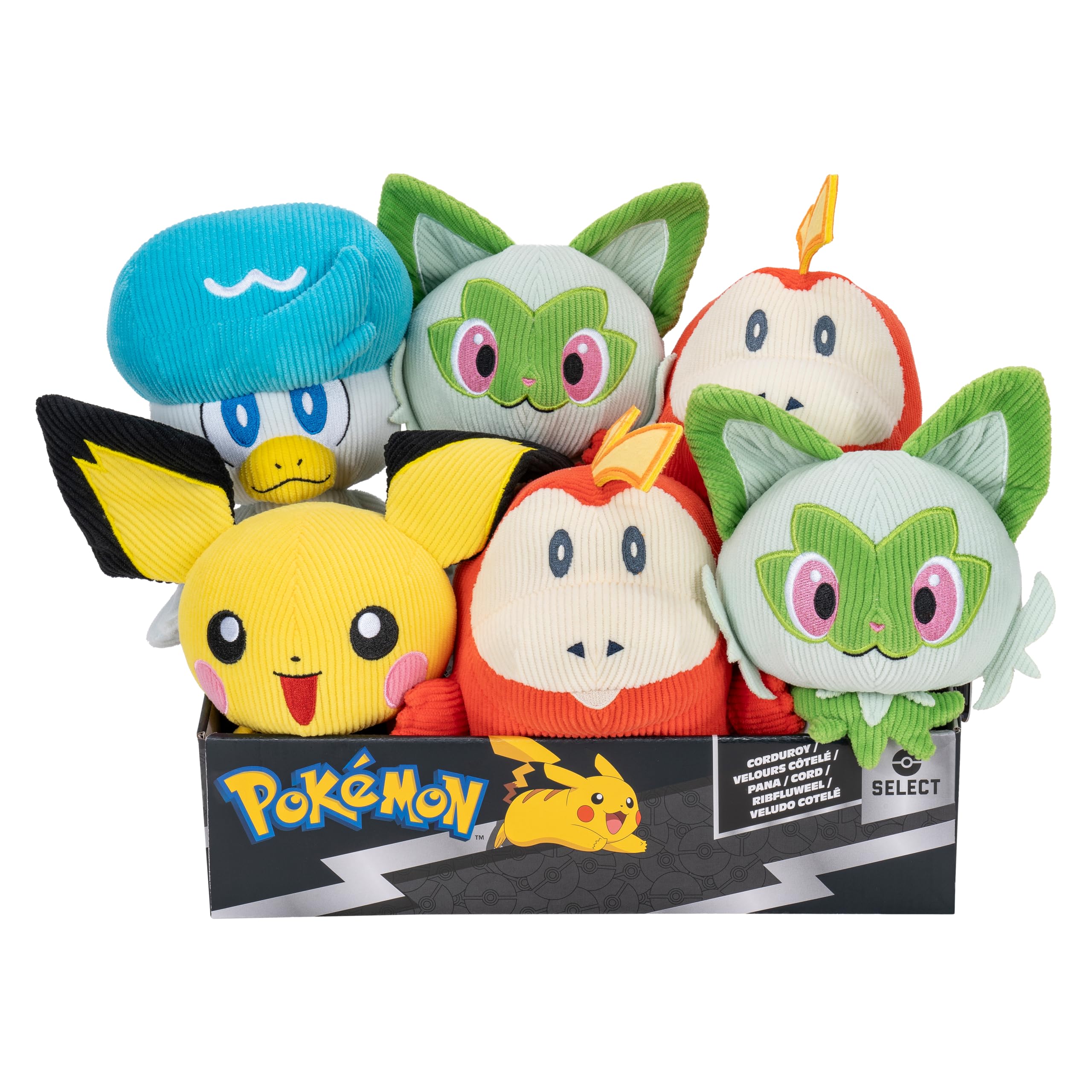 Pokemon Pokémon 20 cm Plush PKW4413-12 Select Corduroy Edition -Pichu, Quaxly, Fuecoco, Sprigatito - Official Stuffed Toy for Children 2+