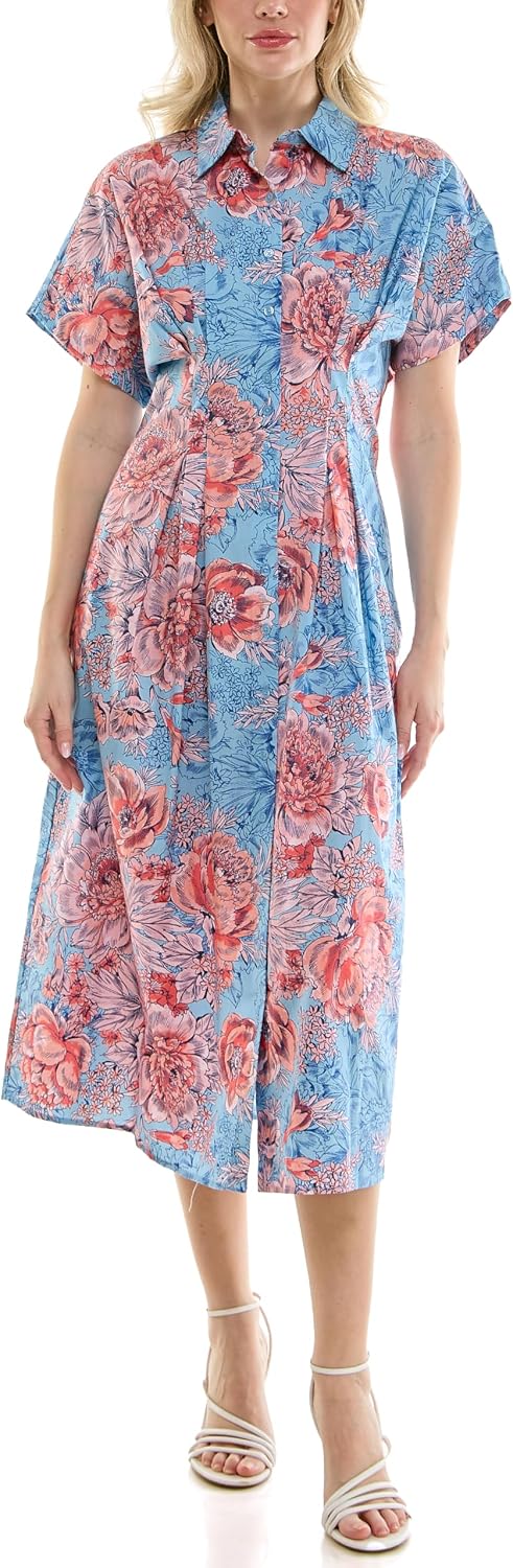 Nicole Miller New York Women's Pintucked Midi Shirtdress Printed with Pockets