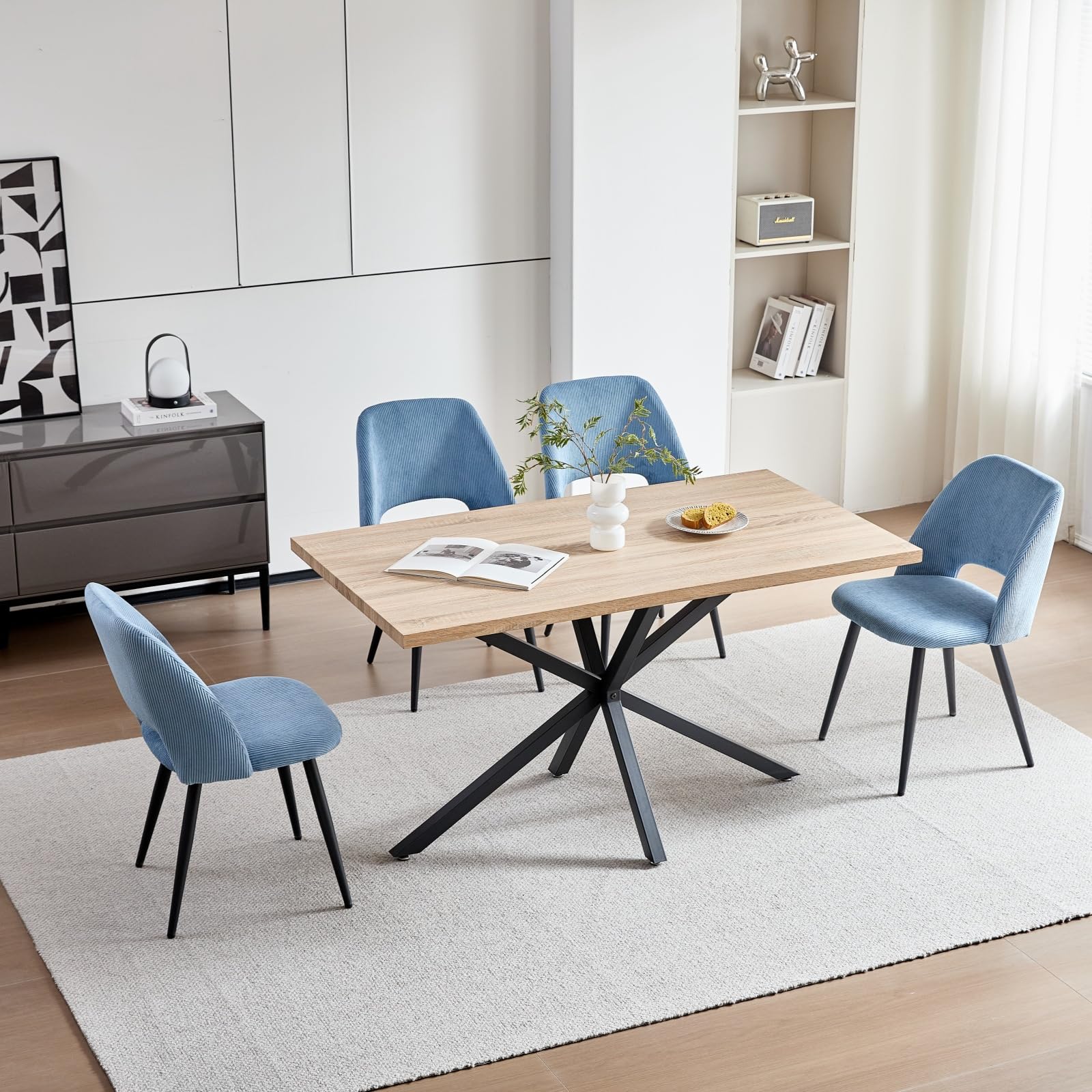 Pack de 4 Silla de Comedor, Silla de Cocina de Pana a Rayas, Silla Tapizada con Diseño de Respaldo Hueco, Adecuada para Comedor, Sala de Estar, Cocina, Dormitorio - Azul