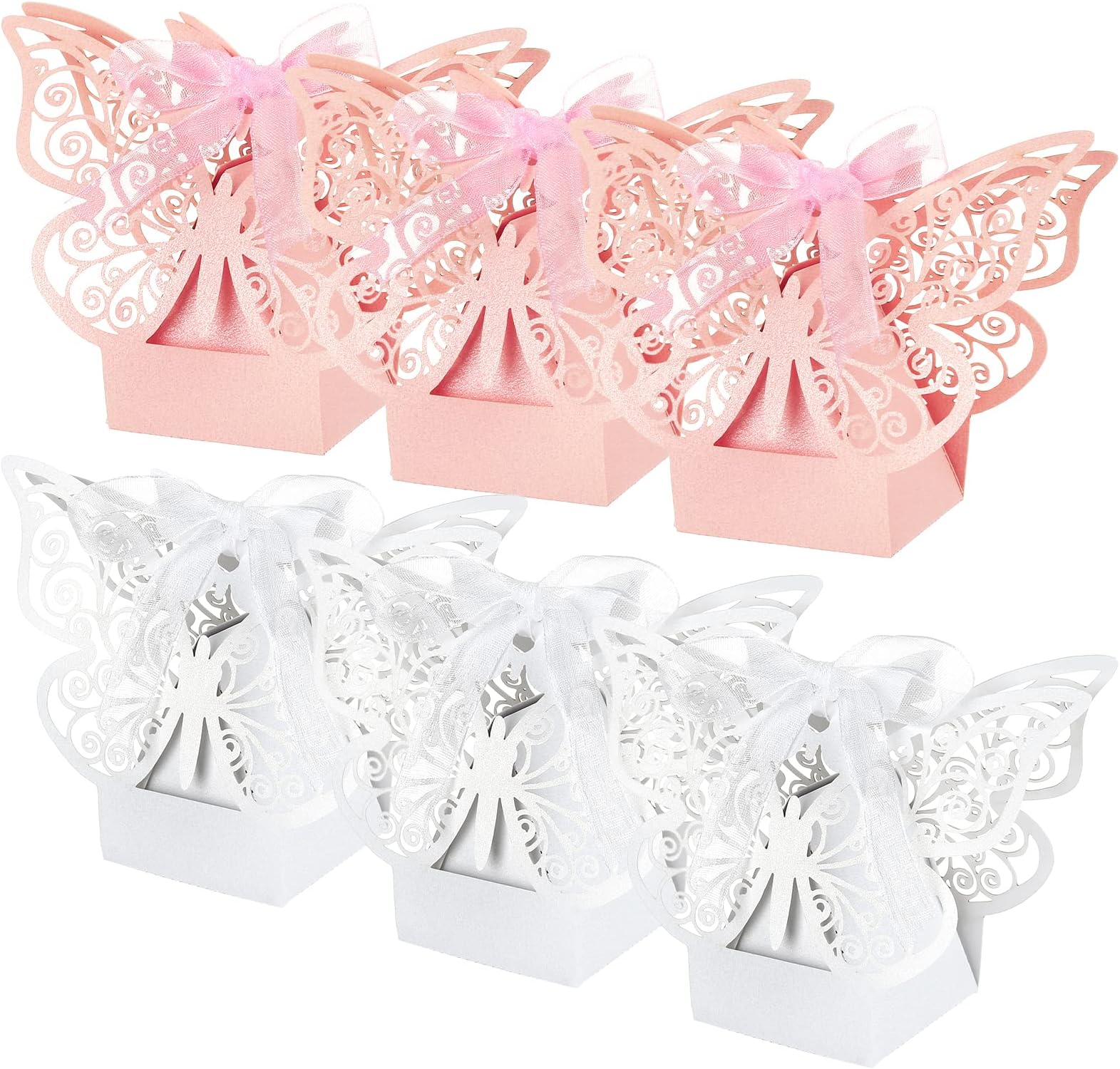 Kesote 50 Pack Butterfly Party Favor Boxes, Small Baby Shower Bridal Shower Wedding Birthday Candy Favor Boxes with Ribbons, Pink and White