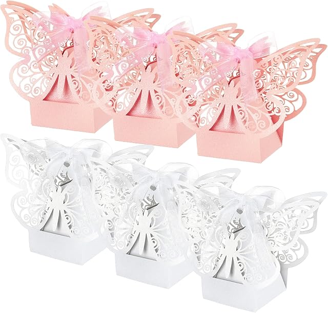 Kesote 50 Pack Butterfly Favor Boxes, Small Baby Shower Bridal Shower Wedding Birthday Candy Favor Boxes with Ribbons, Pink and White