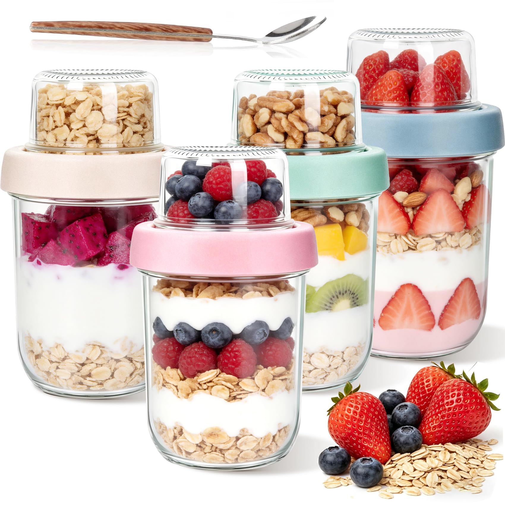 600ml(480+120) Overnight Oats Jar with Lids and Spoon,4 Pack Dual-Layer Yoghurt Pots for Dry-Wet Separation,Glass Jars Breakfast Pots for Granola Cereal Nut Fruit,Overnight Oats Containers for Salad