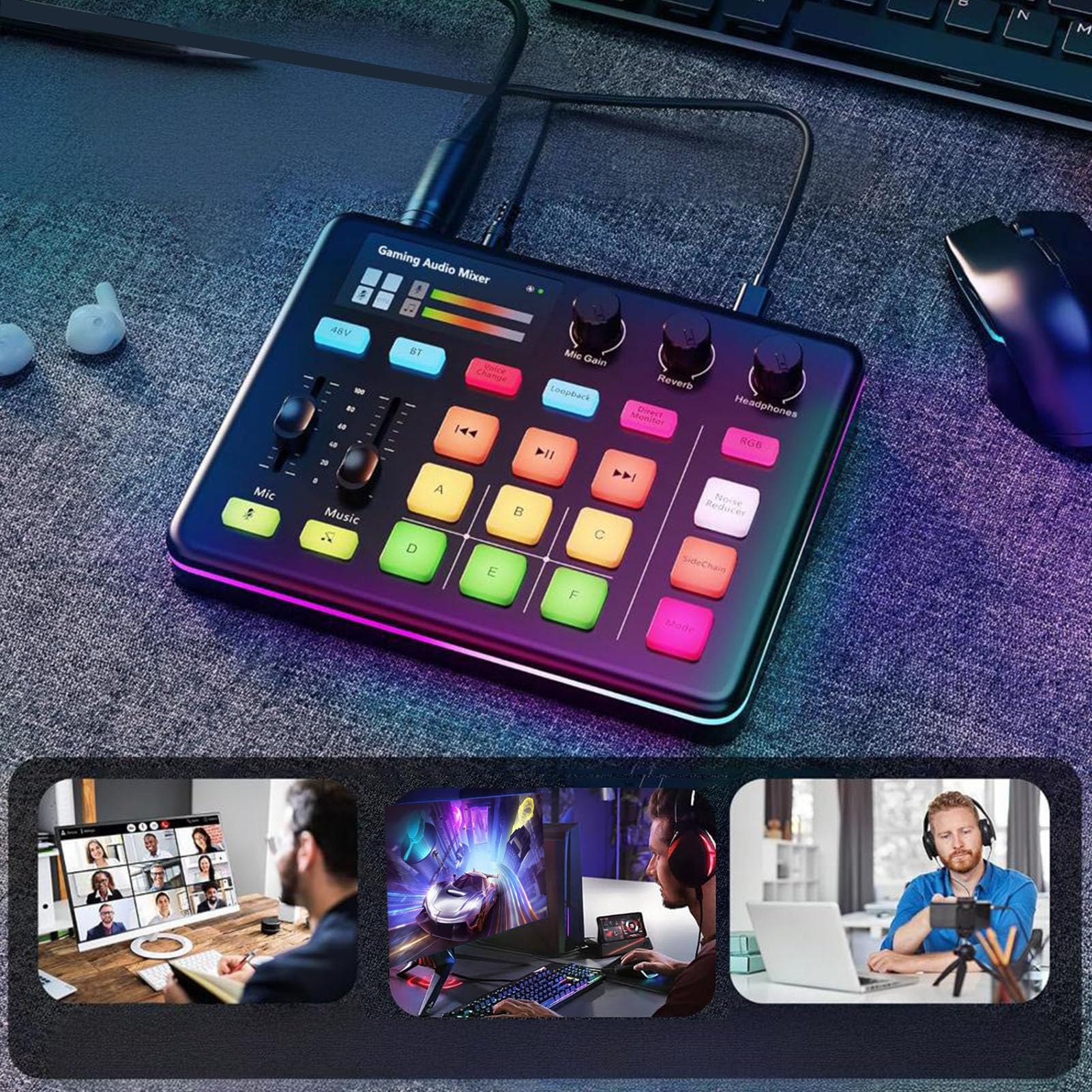 Annadue RGB Gaming Sound Mixer, Bluetooth 5.0 Live Sound Card con 13 Botones de Efectos, Mezclador de Audio USB Tipo C para Transmisión, Podcasting, PC.