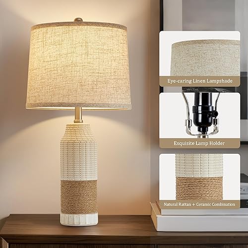 Miniatura 4 de GyroVu Juego de 2 lámparas de mesa de ratán bohemio, lámparas de mesita de noche para mesitas de noche, lámpara de mesa de ratán vintage de granja