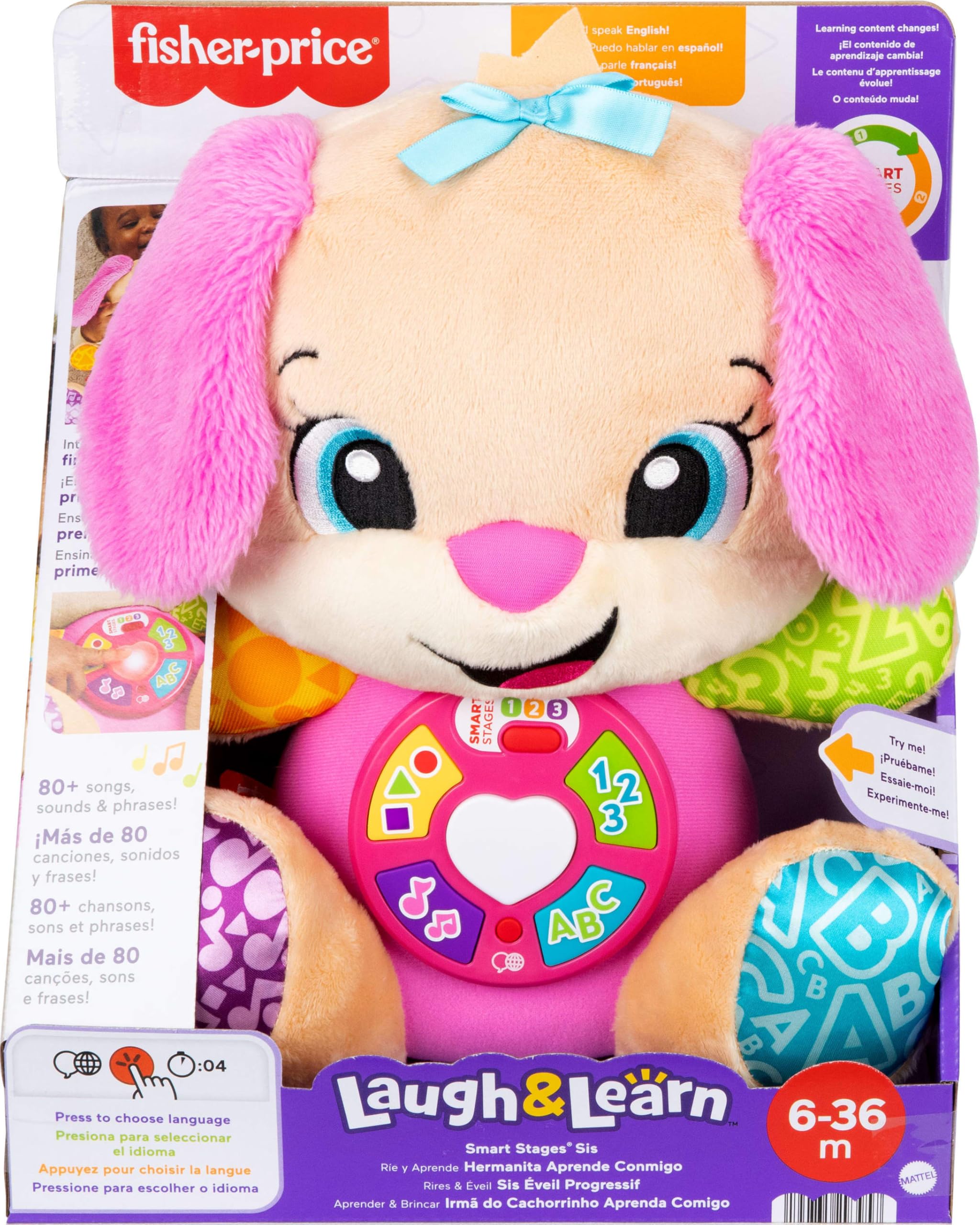 Fisher-Price Juguete Educativo para bebés riendo y aprendiendo escenarios Inteligentes, diseño de Peluche Musical Rosa con escenarios Inteligentes para bebés a Partir de 6 Meses, versión multilingüe