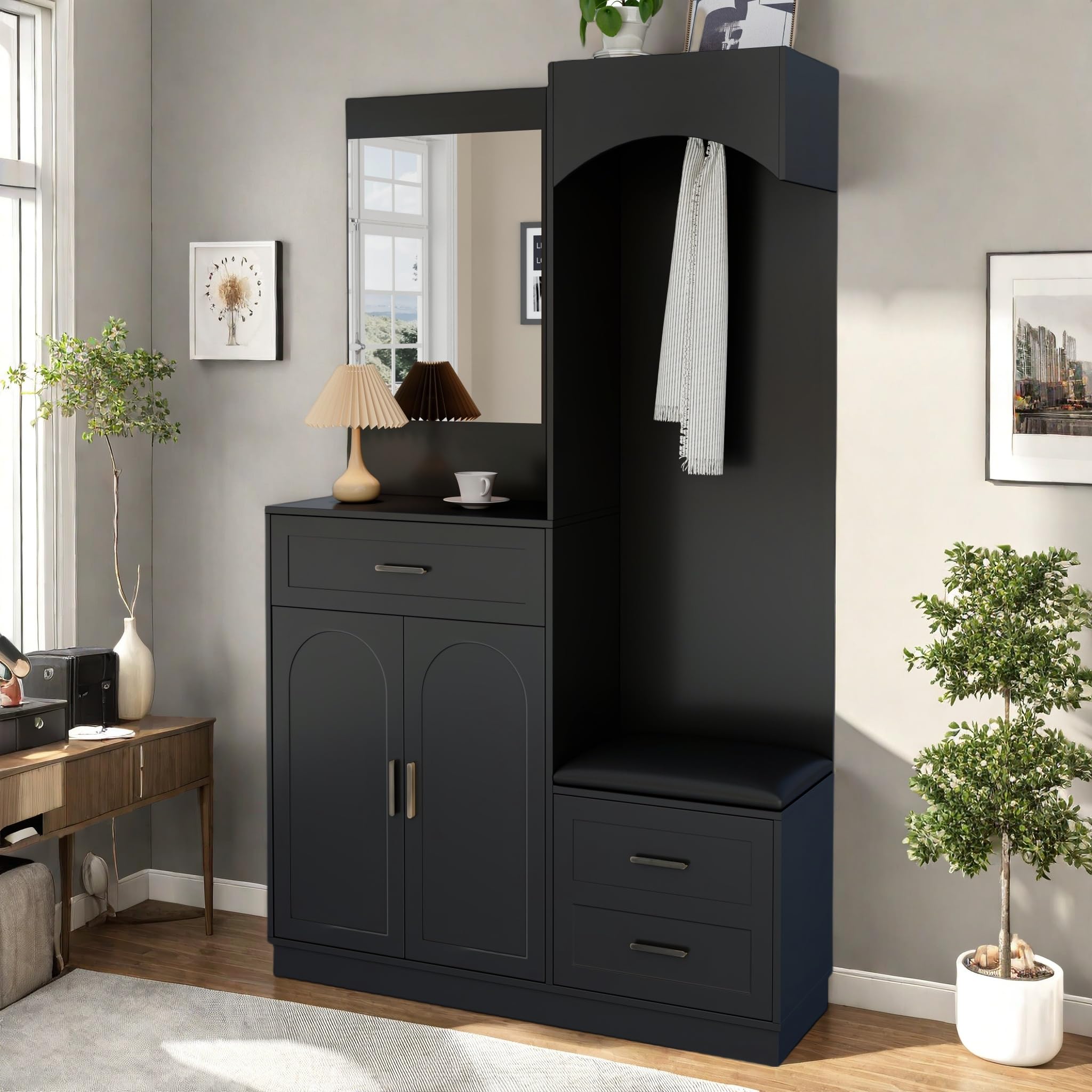 Armadio compatto con specchio, armadio compatto con cassetti e 3 ante, guardaroba per corridoio con scarpiera, armadio con ripiani regolabili, per corridoio e ingresso, 110 x 33 x 185,5 cm