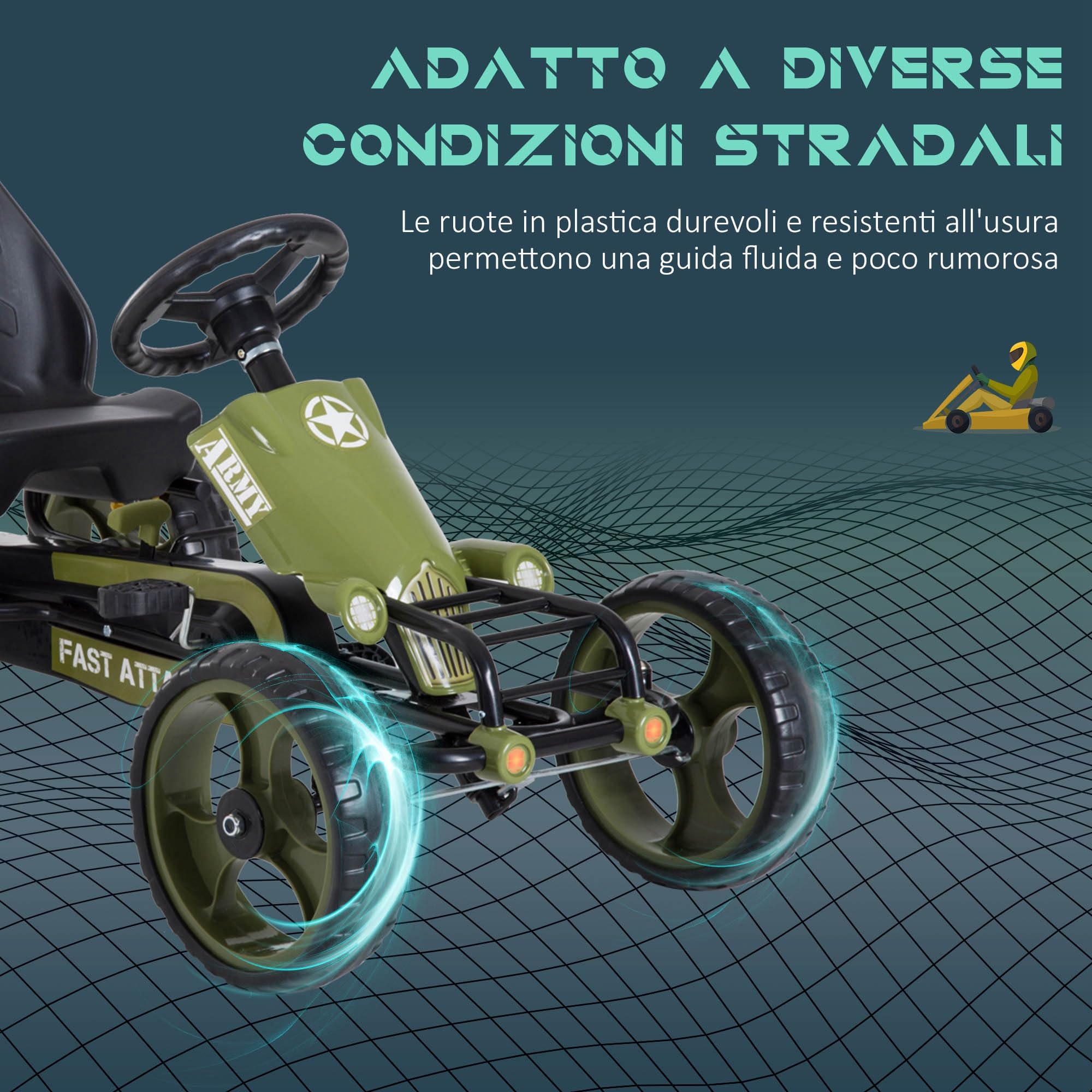HOMCOM Go Kart a Pedali per Bambini con Freno a Mano e Sedile Regolabile, Kart per Bambini 3-6 Anni con Pedale Antiscivolo e 4 Ruote in EVA, Verde