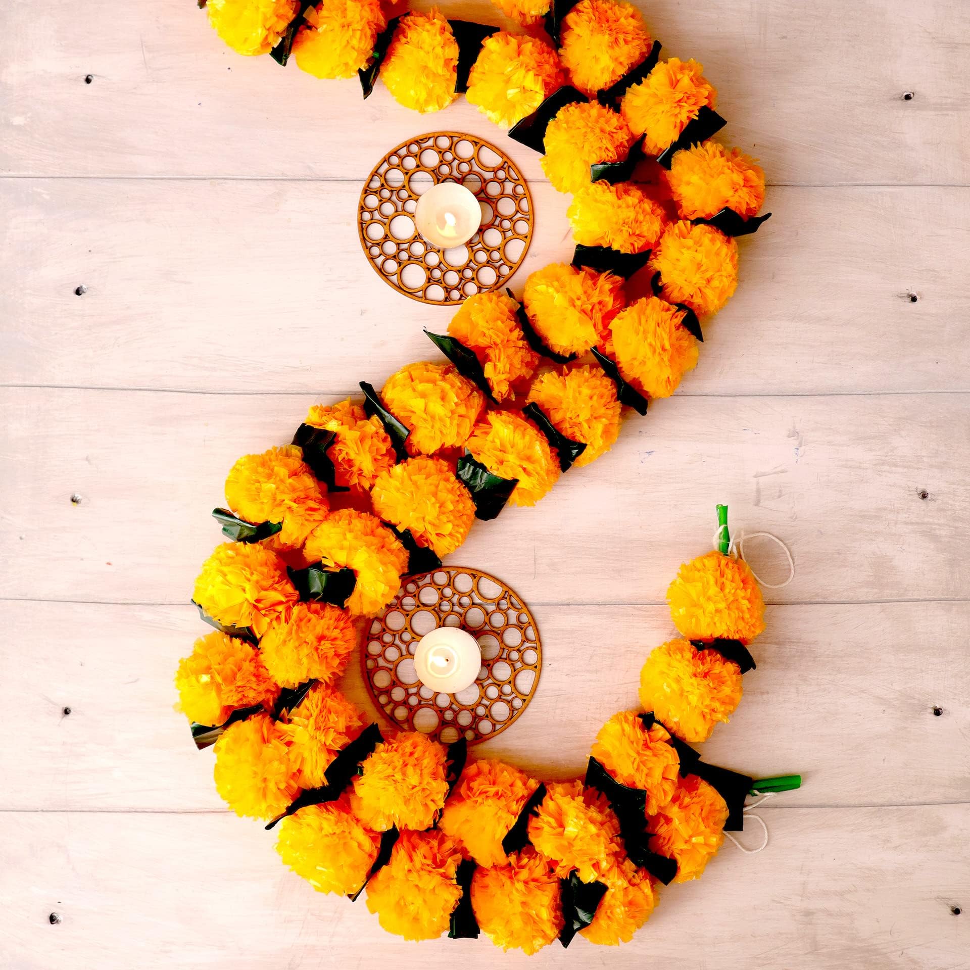 5 PC - 4.5 feet Marigold Garland with Green Leaves |Indian/American Wedding Party Mantle Decoration, Faux Garlands Wedding Garland, Diwali Decoration, Spring Bush Floral!