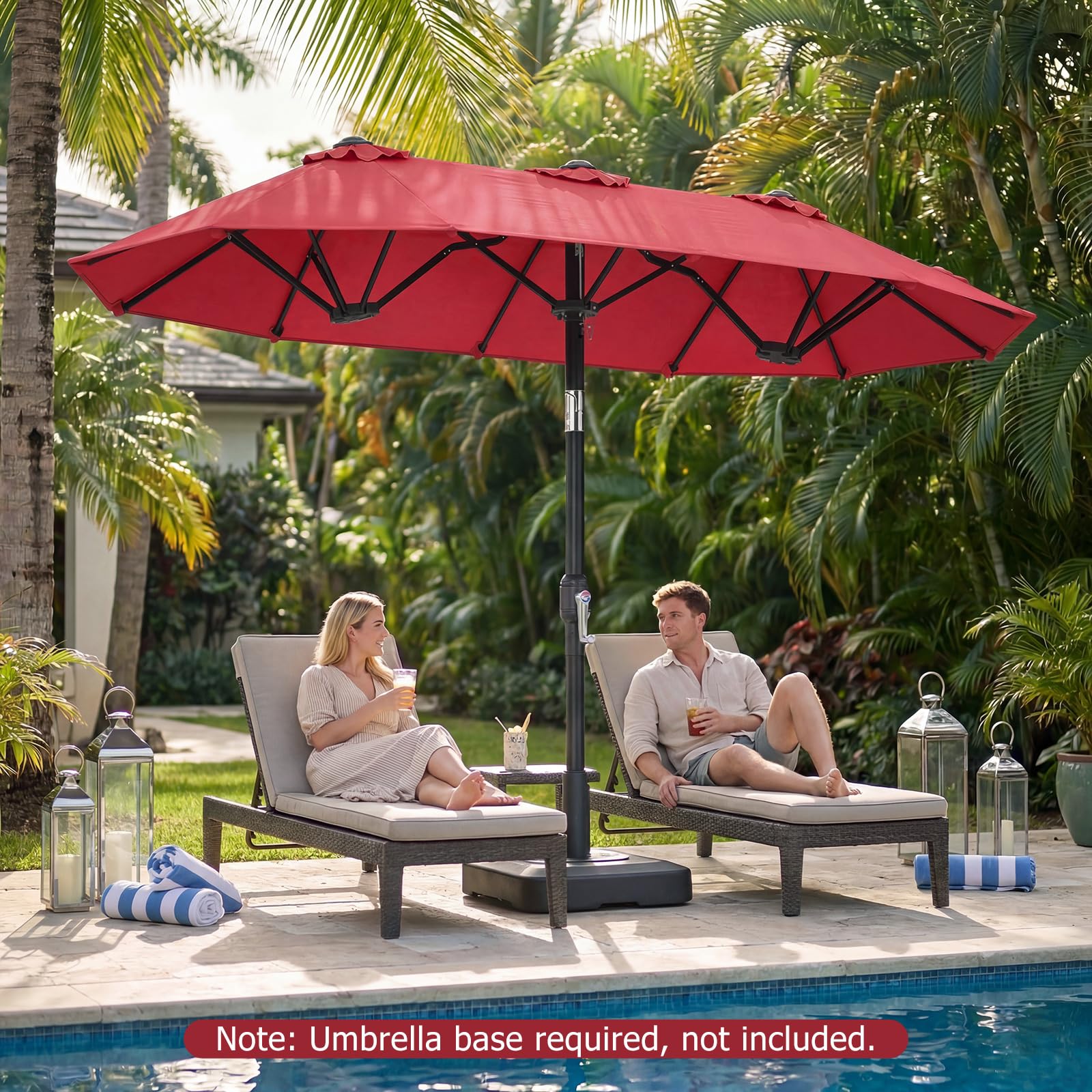 FANTASK Doppelsonnenschirm, 300x150cm, Gartenschirm knickbar mit Kurbel, Doppel Sonnenschirm, Marktschirm, Terrassenschirm für Garten, Terrasse, Balkon (Rot)