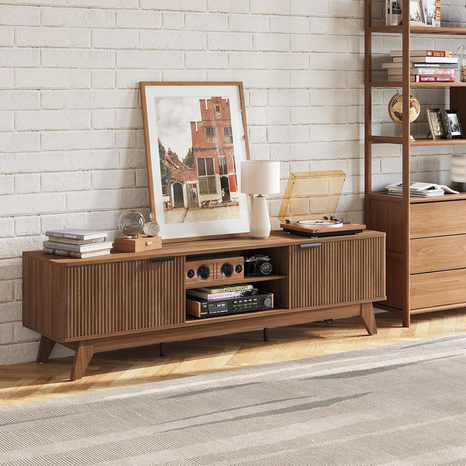 TV Stand with Power Outlet,70" Modern Entertainment Center for TVs up to 80",Media Console with Storage & Open Shelves for Living Room/Bedroom, Walnut