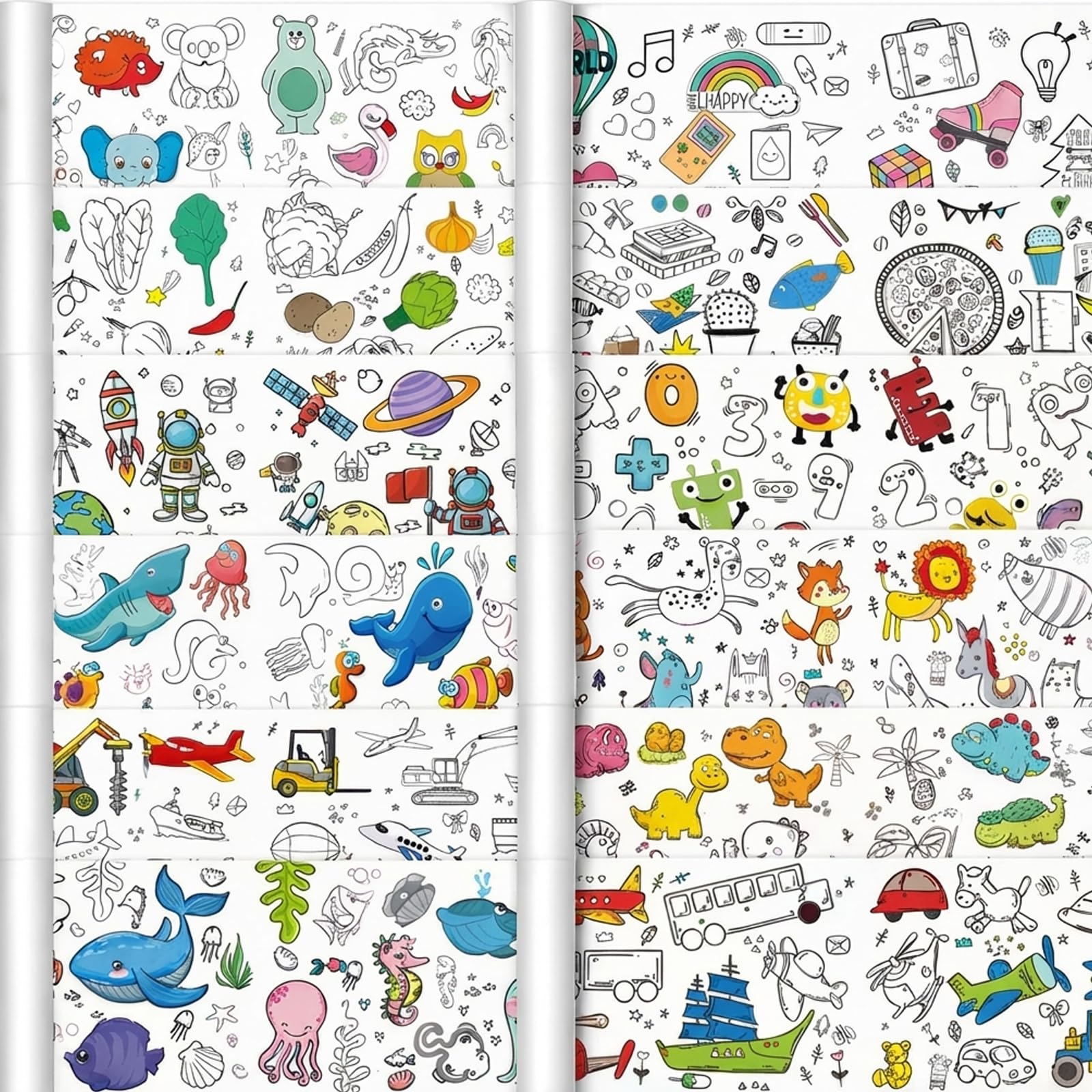 Roll of Paper for Kids, 12PCS Colouring Sheets, 30CM x 0.9M Drawing Paper Roll for Easel, Painting Paper with Animal World, Ocean Paradise, Space Universe, Alphabet Numbers and Vehicle Themes