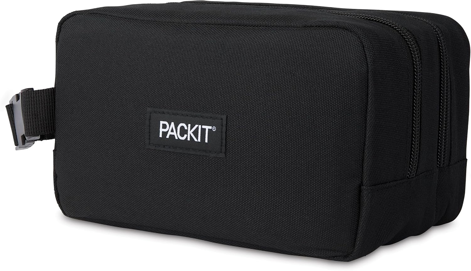 PackIt(R) Freezable Dual Compartment Snack Box, Black, Insulated and Freezable with EcoFreeze(R) Technology, Buckle Handle, Zip Closure, Reusable, Collapsible, Designed for Perishables and Dry Snacks