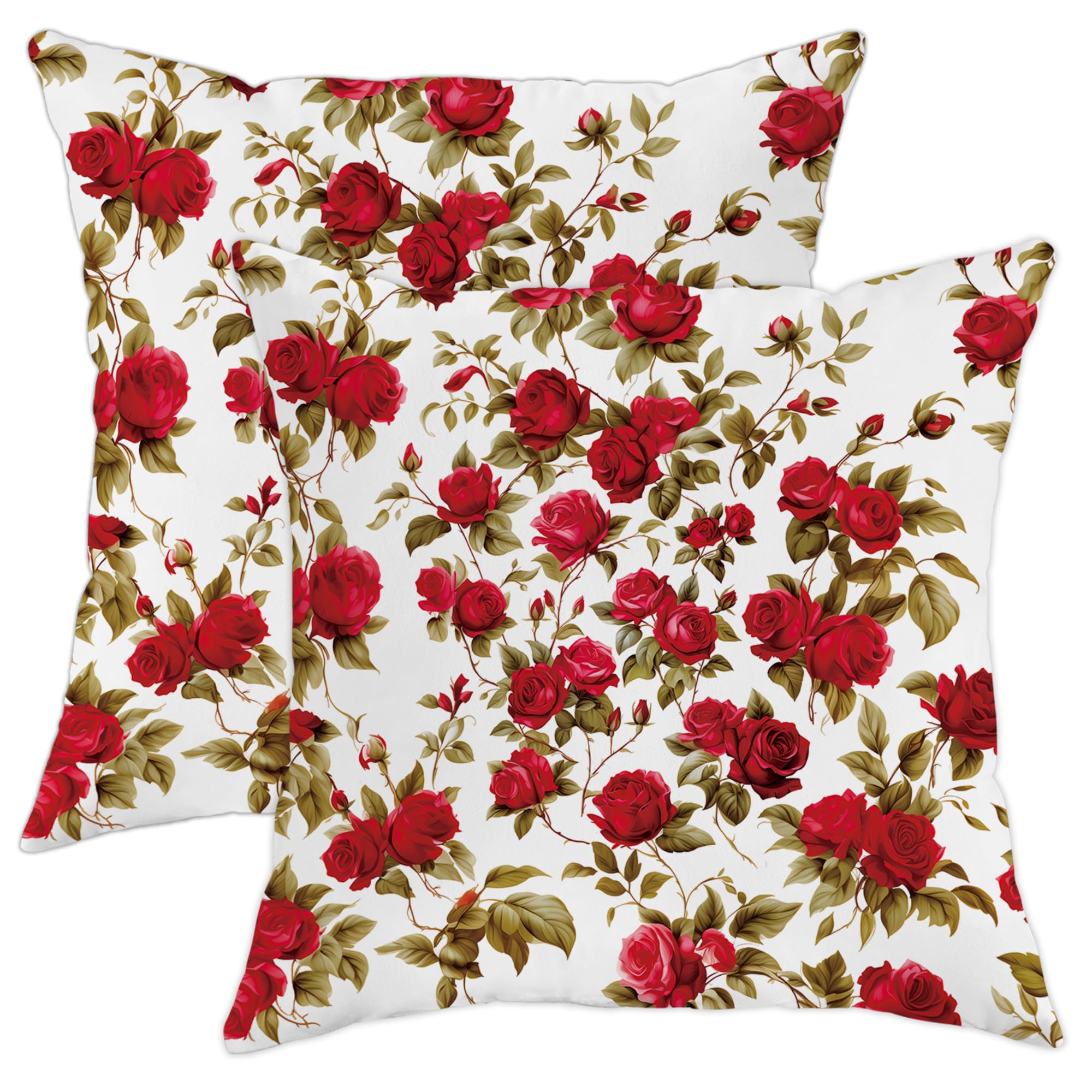 valentine's day throw pillow covers set of 2 rose floral french romantic elegant cottage core white red cozy Velvet for women square large living room decor bedroom patio sofa pillow cases 20x20inch