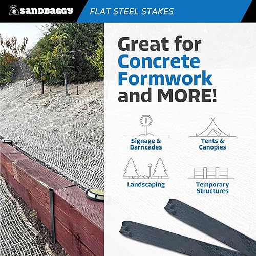 Miniatura 8 de Sandbaggy Estacas planas de acero para formas de hormigón con agujeros para clavos, 1.5 pulgadas de ancho, pintadas, extraíbles, reutilizables,