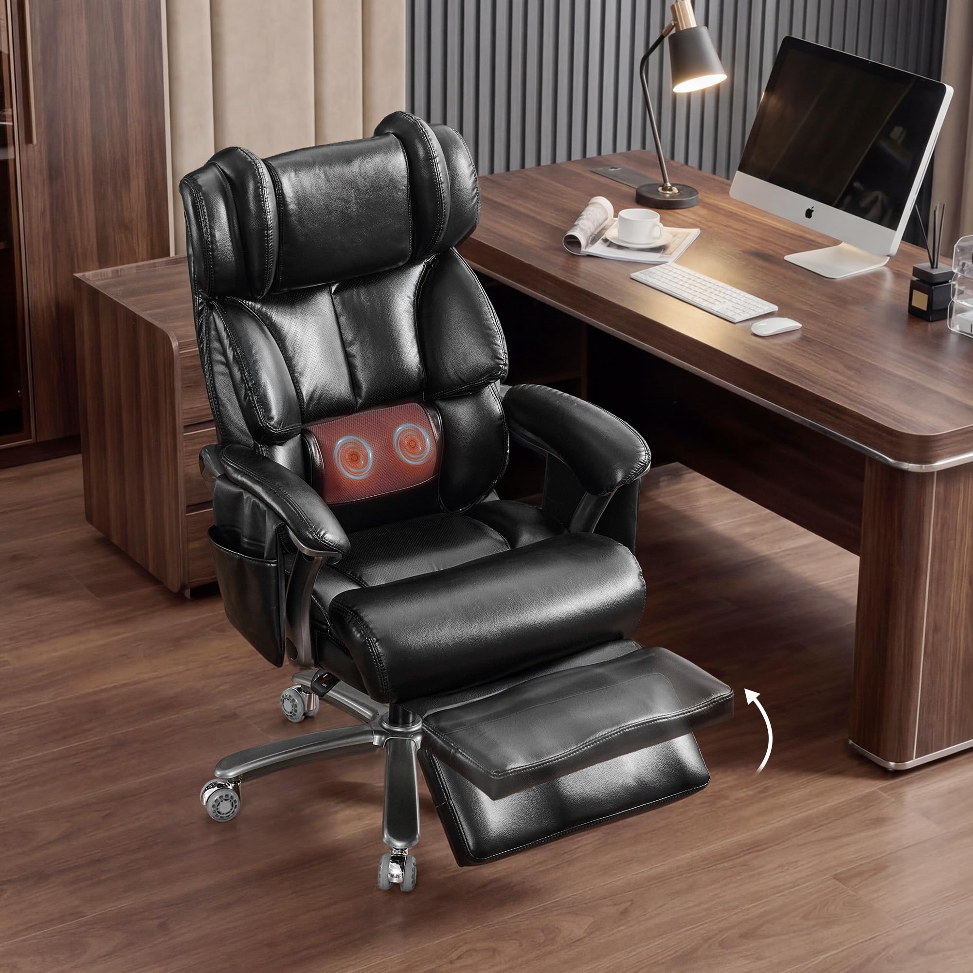 DEKKETO Bürostuhl Ergonomisch mit Fußstütze, PU Leder Chefsessel mit Massagefunktion, Verstellbare Kopfstütze und Lendenstütze, Rückenlehne, Drehstuhl mit Staufächern für Home Office, Gaming, 225KG