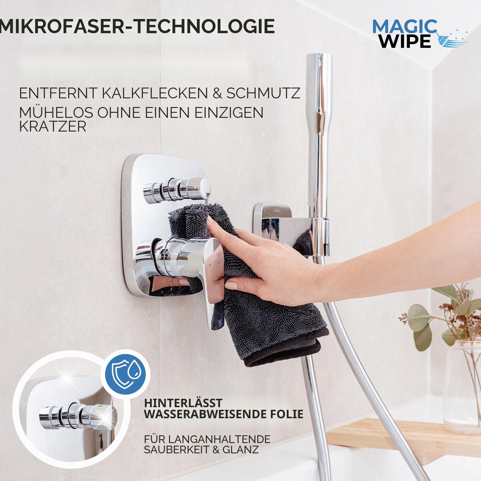 Magicwipe® Badezimmer Trockentuch XXL (40×60cm, 4er Pack) - Entfernt Kalk & Hartwasserflecken in Sekunden mit nur Wasser - Streifenfrei für Duschglas & Fliesen - Wiederverwendbares Mikrofasertuch