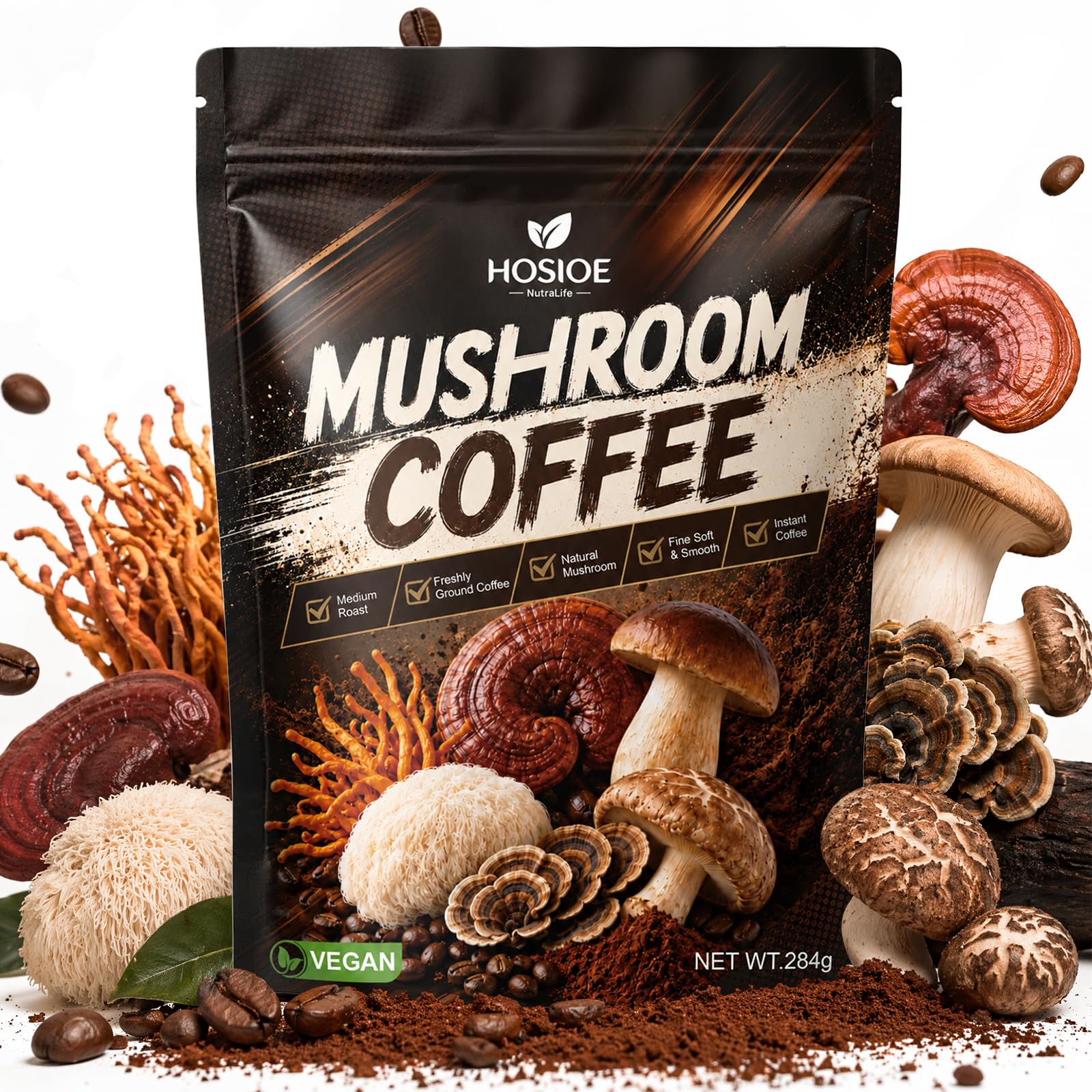 Hosioe Café Instantâneo de Cogumelos com Cordyceps, Reishi e Lion’s Mane 2000 mg, 47 porções, 280 g