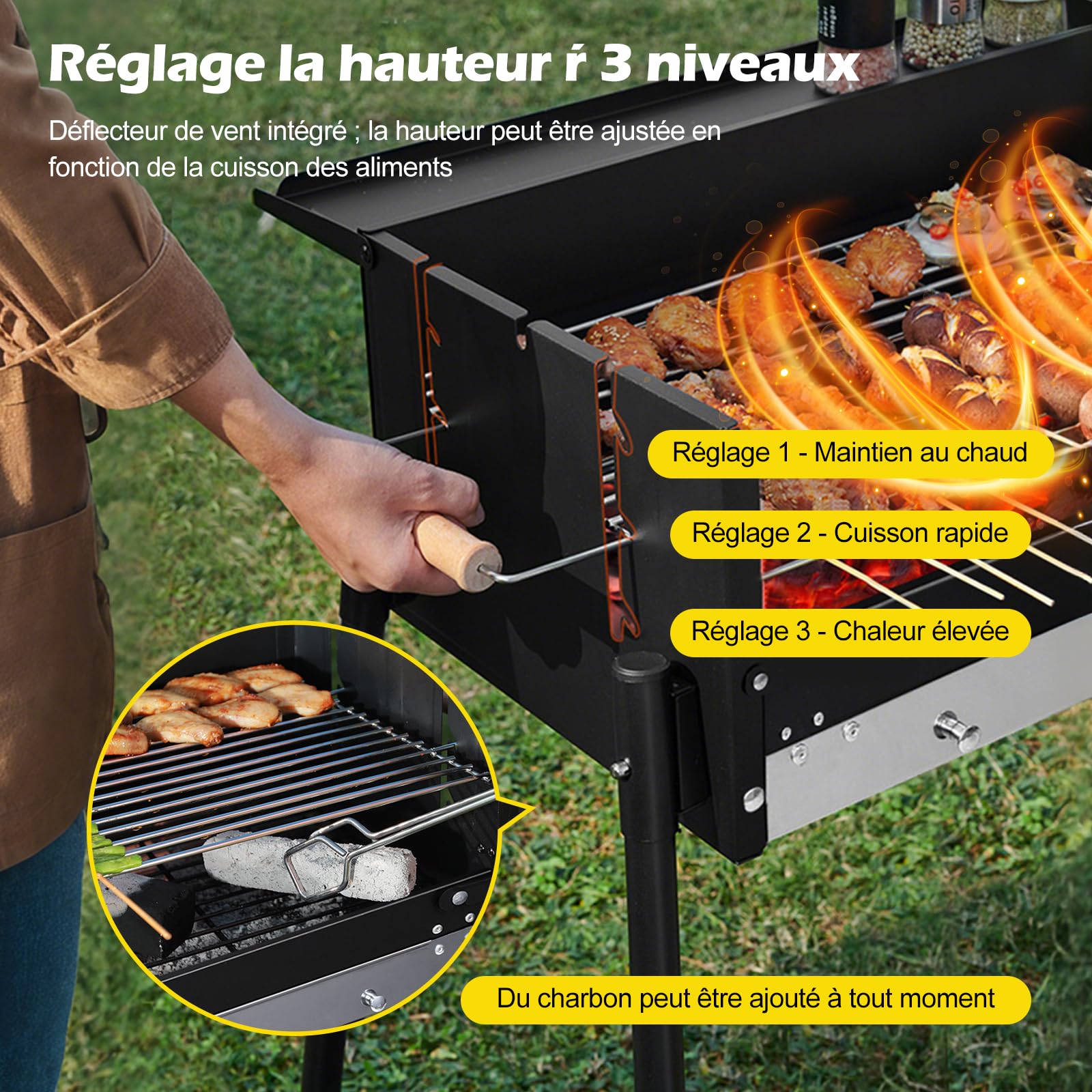Ergocar Barbecue à Charbon Pliable Construction En Acier Inoxydable Épais Au Vent Contrôle De La Température à Trois Niveaux Et Plateau à Assaisonnement Intégré Idéal Pour Cinq Personnes Ou Plus