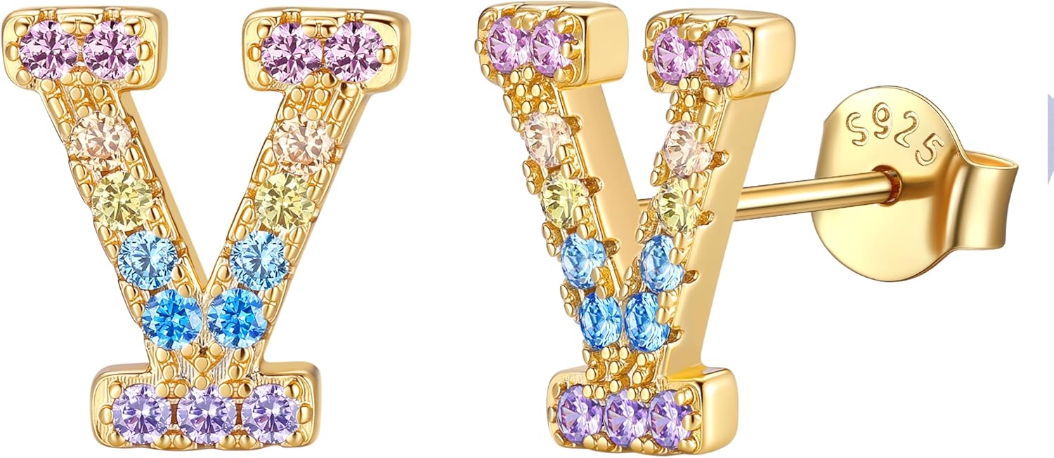 14K Gold Plated Initial Earrings Studs with 5A Cubic Zirconia, Sterling Silver Post Push Backs CZ Simulated Diamond Hypoallergenic Alphabet Letter Studs for Women Jewelry Gifts Initial A-Z
