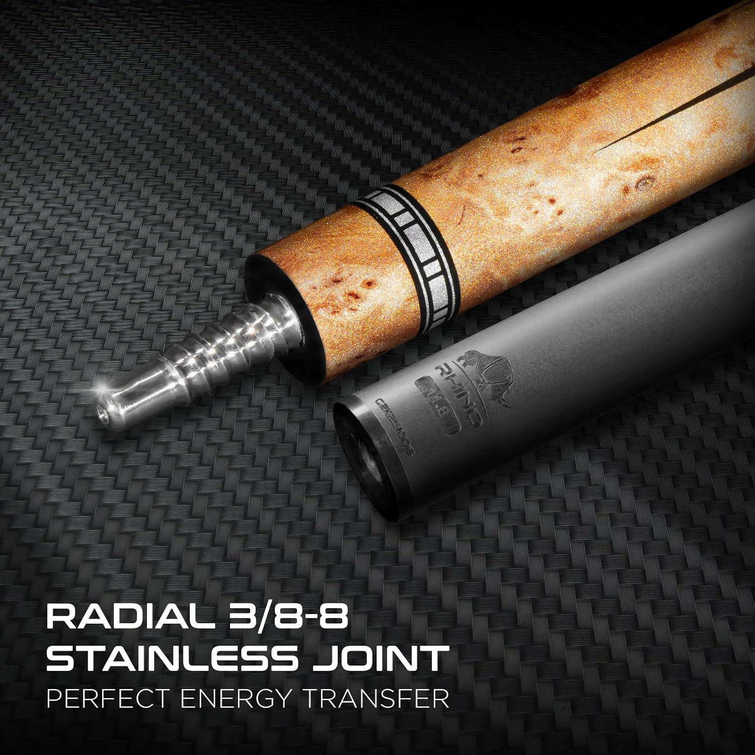 RHINO Eclipse II Carbon Fiber Pool Cue, Low Deflection Carbon Shaft with 11.8mm /12.5mm Nishiki Japan Tip and 3/8-8 Joint, Professional Pool Stick for Adults with Microfiber Leather Grip