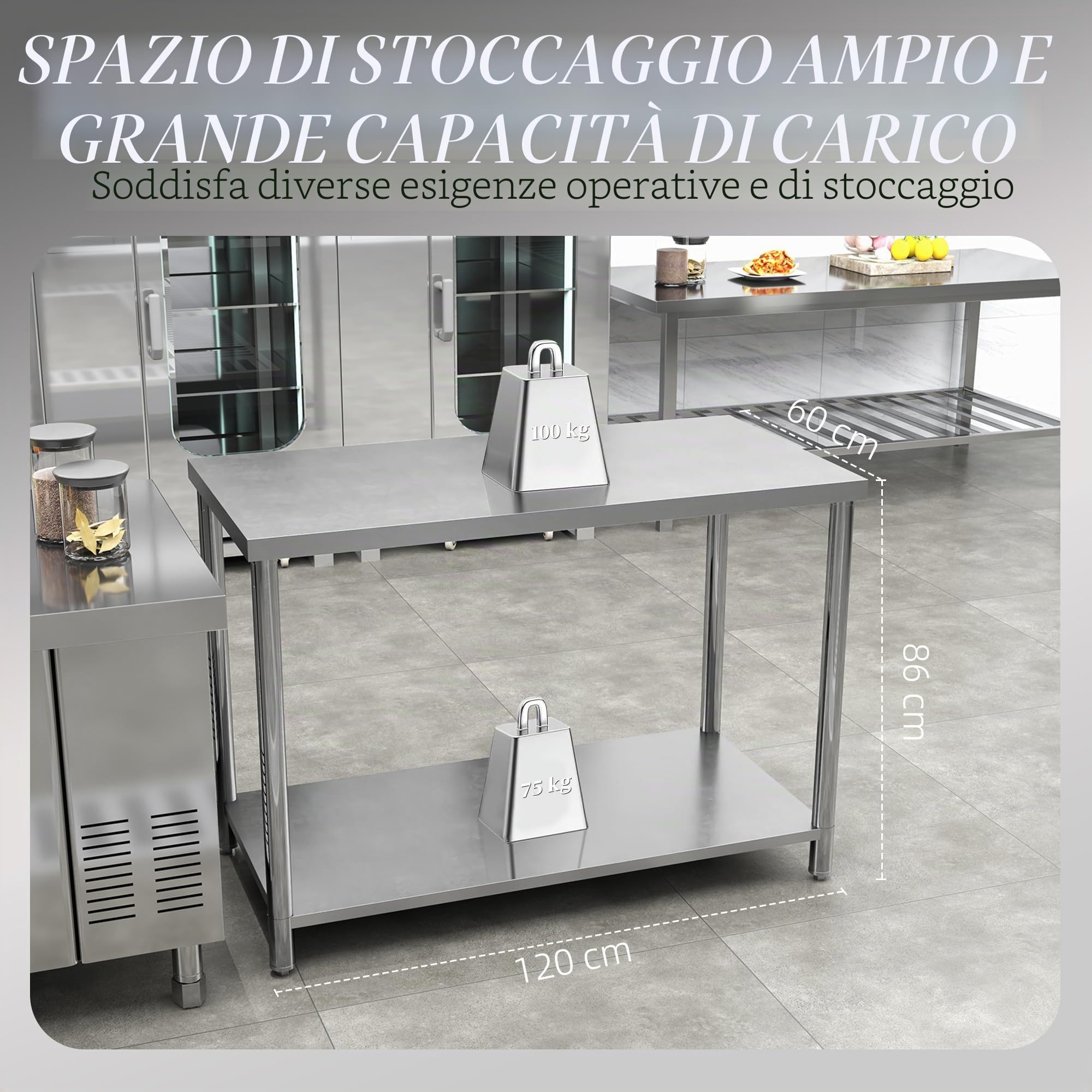 HOMCOM Tavolo Preparazione Acciaio Inox 24x47x34 Pollici con Ripiano | Tavolo da lavoro in metallo, banco da lavoro, per hotel, cucina, garage, cortile