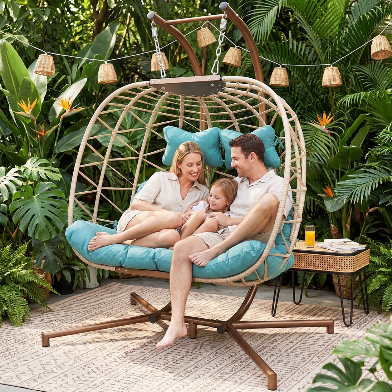 RADIATA 2 Person Double Swing Egg Chair with Stand and Cover, Oversized Outdoor Hanging Hammock Patio Chairs, Extra Large Outside Comfy Wicker Loveseat with Cushion for Backyard Balcony Indoor, Teal