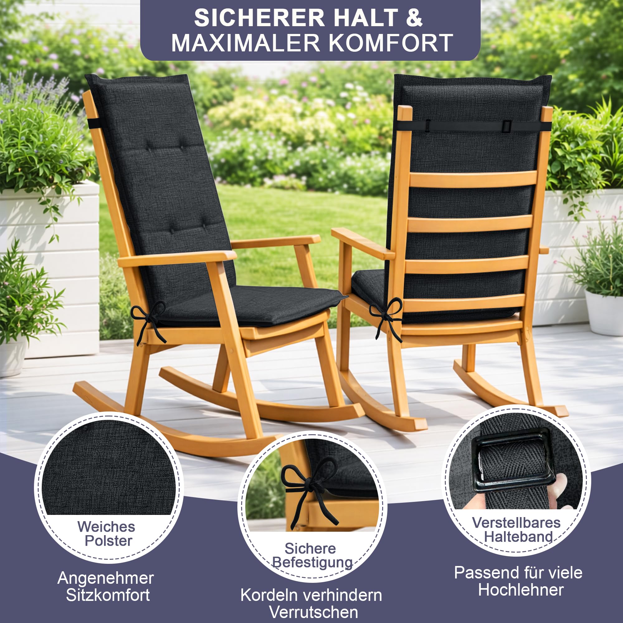 Relexo Premium - Hochlehner Auflage Gartenstuhl Stuhlauflage mit Polster, Outdoor Sitzkissen & Stuhlkissen für Gartenmöbel Auflage wetterfest, Sitzkissen bequem (Anthrazit, 4er Set)