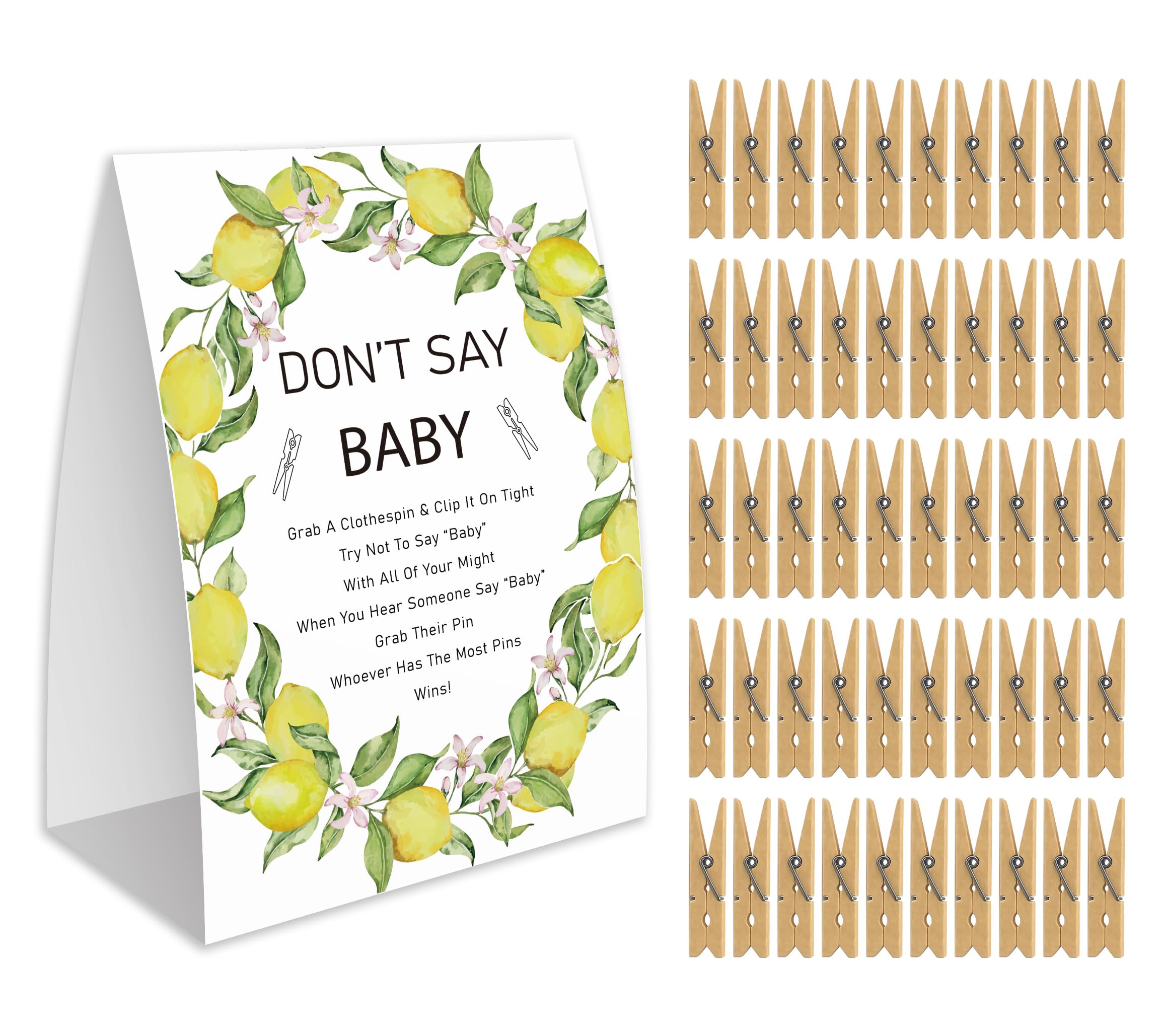 Don't Say Baby Game for Baby Shower, 50 Wooden Clothespins and one Sign, Lemon Theme, Pins for Baby Shower Decorations, Gender Reveal Games, Baby