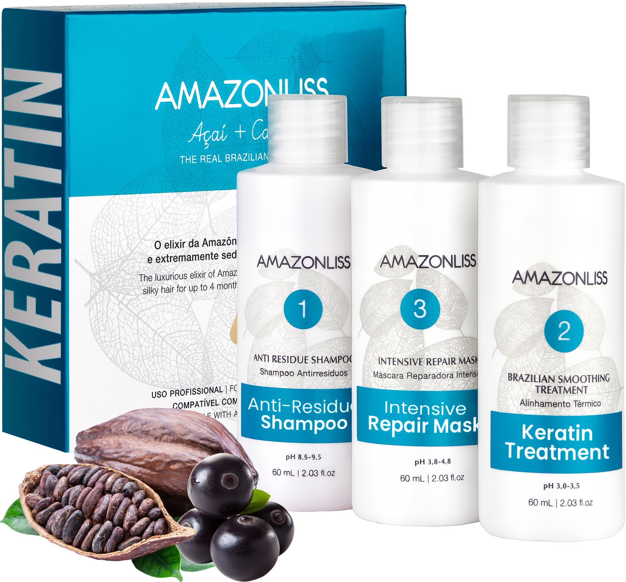 Amazonliss Keratin Hair Treatment Straightening 8.45 Fl Oz - Natural Ingredients - Smooths, Softens, Moisturizers, Adds Shine, Reduces Frizz. Packaging may vary ( 3 Steps Keratin 8.45 Fl Oz)
