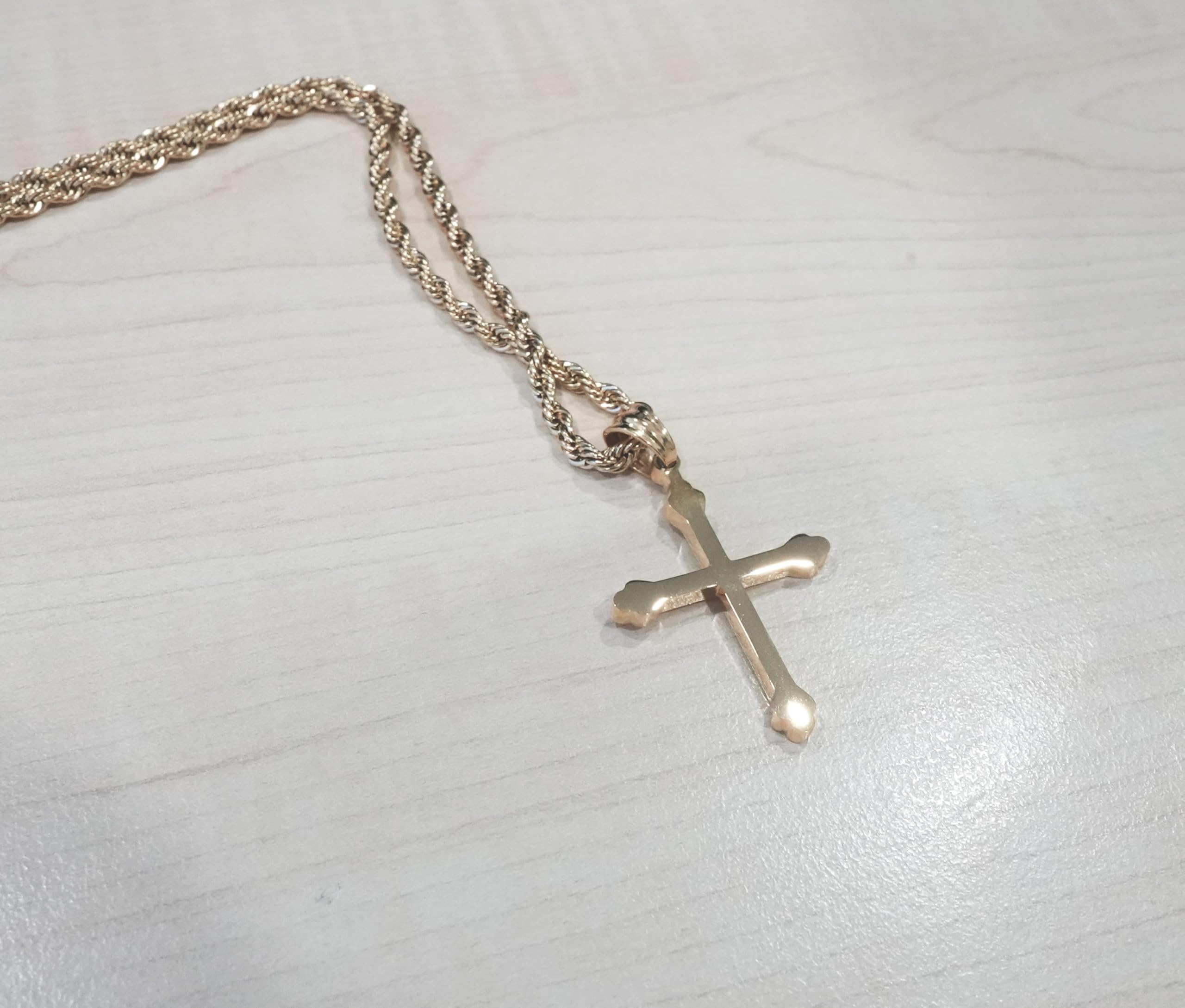 18K Small Gold Cross Necklace Pendant Charm with 3MM Rope Chain Gift for Men Women Husband Wife Baptism Religious w/real strong Solid Clasp Fashion Jewelry
