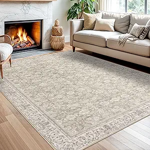 Cream Beige White Grey 5x7 Area Rug for Bedroom, Large Vintage Neutral Rug with Non-Slip, Non-Shedding Washable Area Rugs for Living Room, Soft Distressed Floral Carpet for Office Home Décor