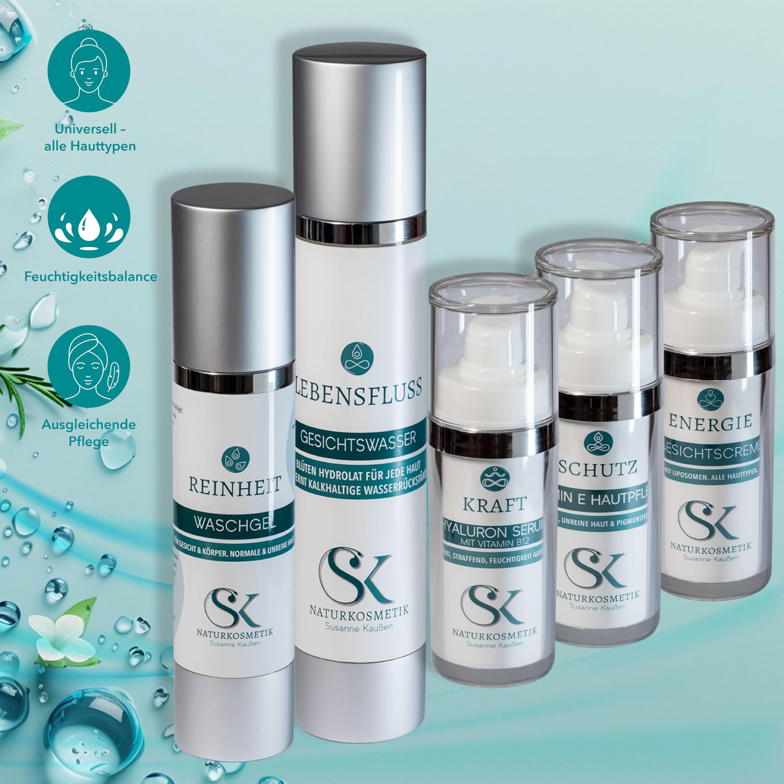 SK Naturkosmetik Produkt-Bundle für jede Haut – 5-teiliges Hautpflege-Set mit Waschgel, Gesichtswasser, Hyaluron Serum, Vitamin E Konzentrat & Q10 Gesichtscreme | Naturkosmetik mit Vollmondquellwasser