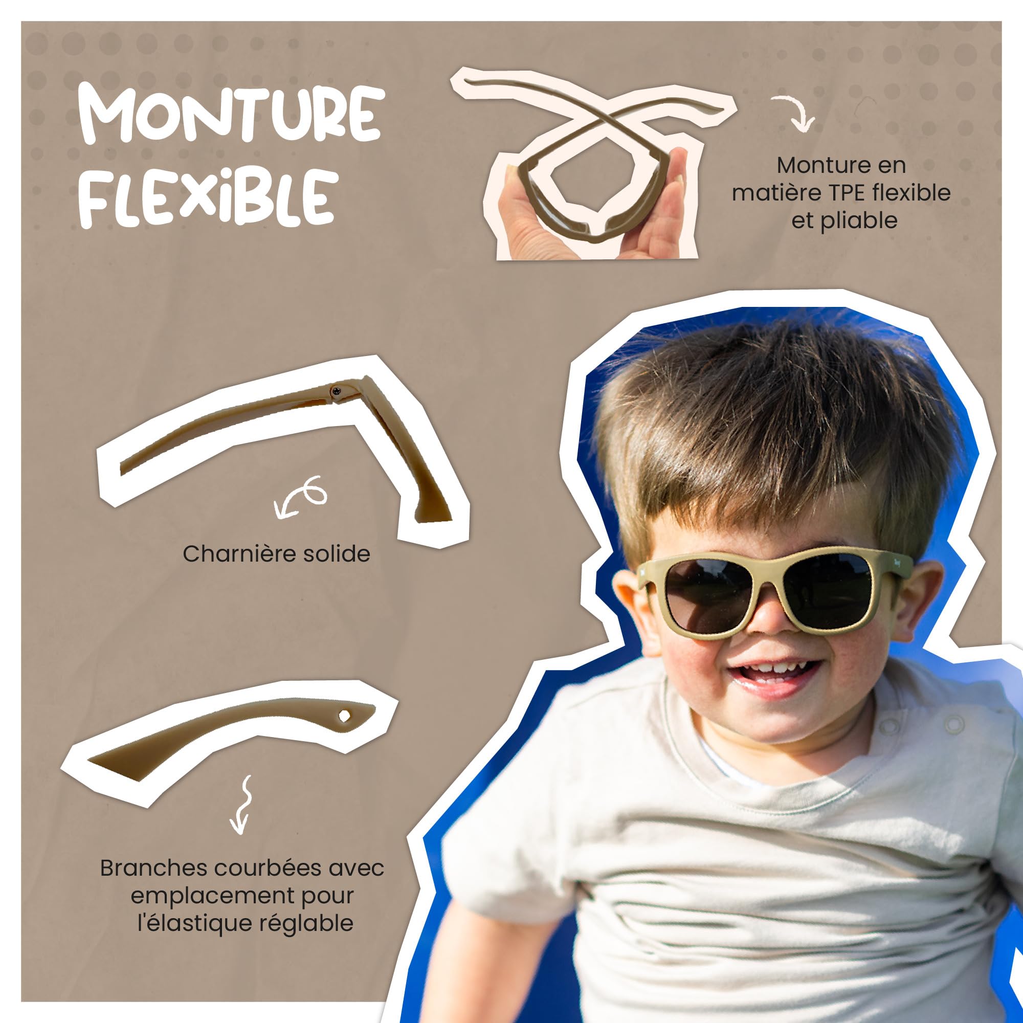 Lunettes de Soleil Bébé et Tout-Petit - 1-3 Ans - Protection UV400 Polarisée - Cadre Flexible et Pliable - Bande Élastique Réglable - Lunettes de Soleil Sûres et Confortables - Luca