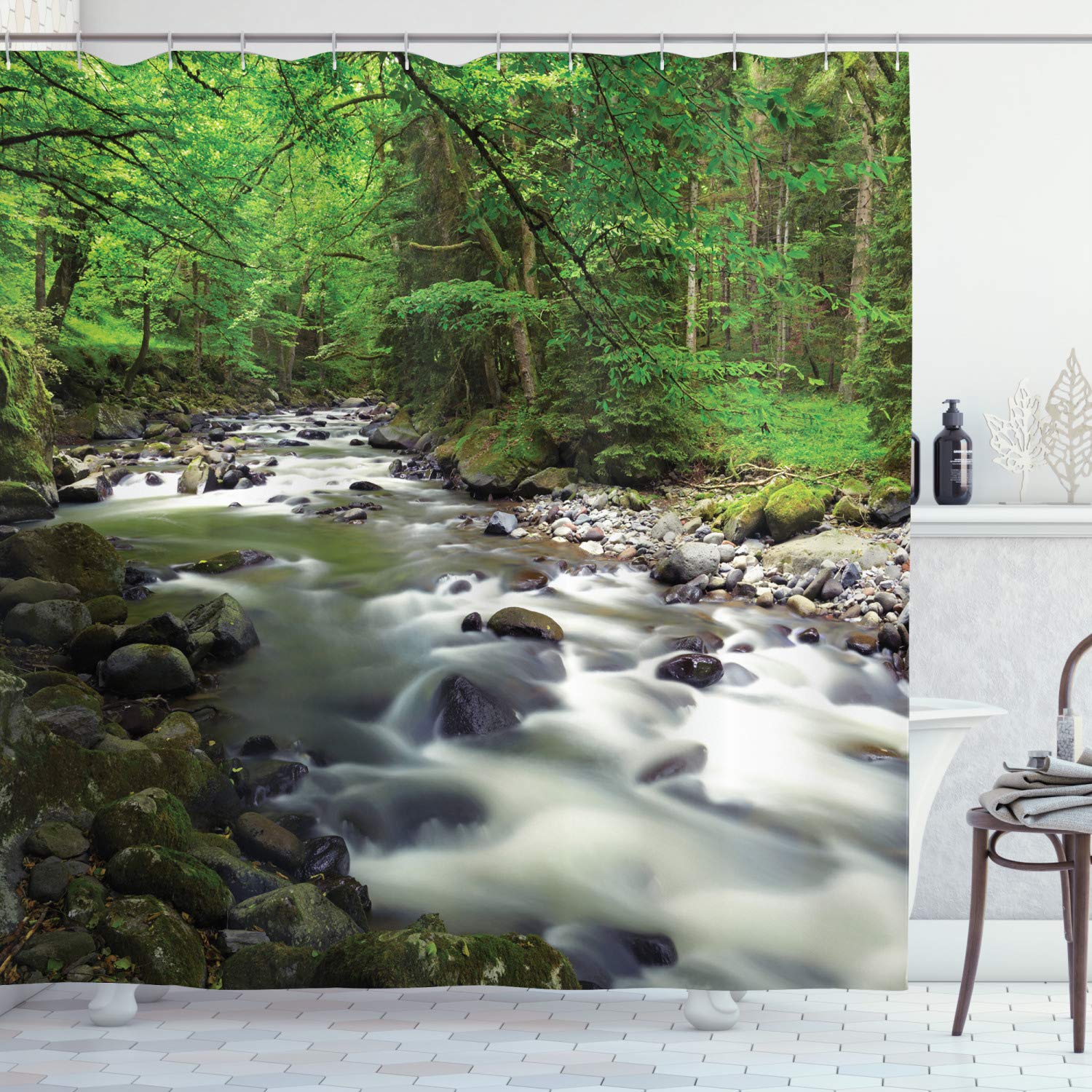 ABAKUHAUS Forest Shower Curtain, Rushing Riverbed with Rocks Trees Mountain Branches Shrubs Nature Scenery, Cloth Fabric Bathroom Decor Set with Hooks, 86 Inches Extra Long, Green Grey White