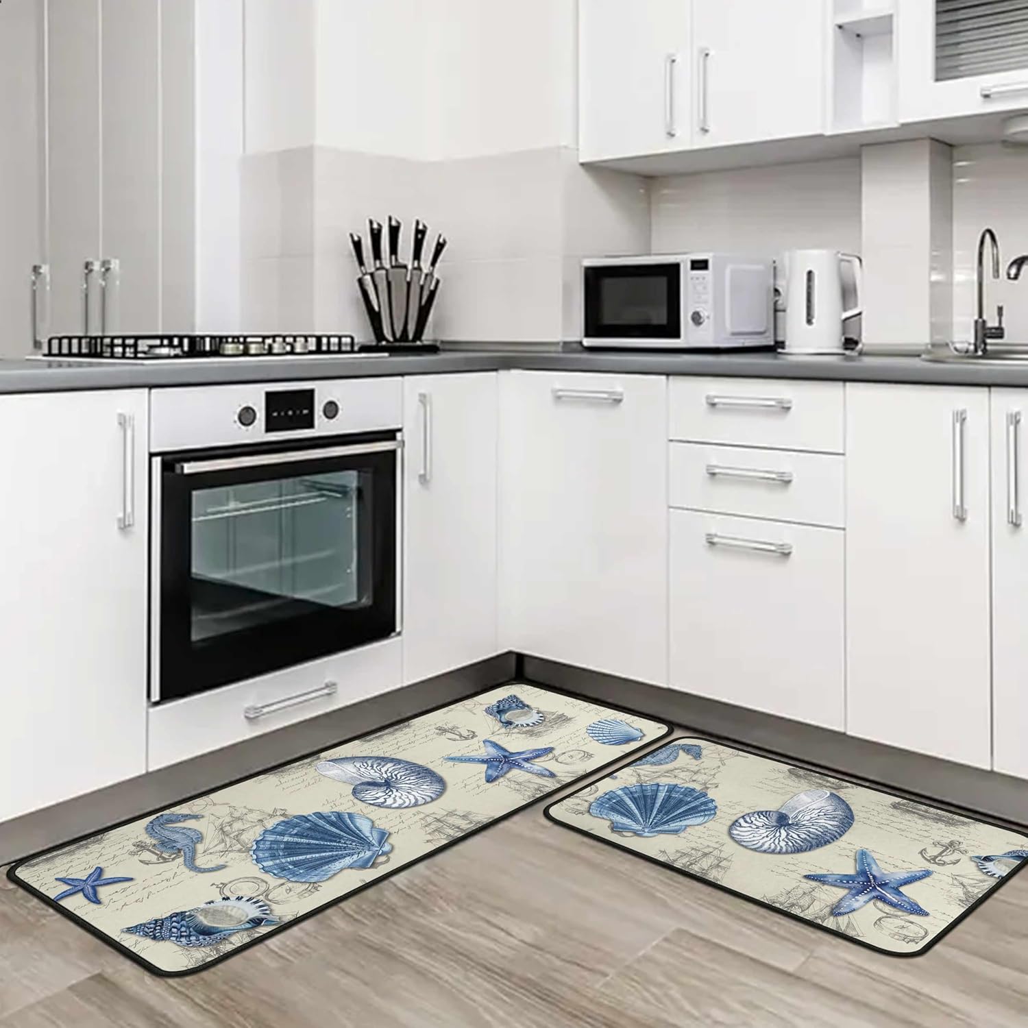 Ocean Theme Seashell Starfish Nautical Decorative Kitchen Rugs and Mats Set of 2, Kitchen Mats for Home Kitchen Decor 17"x47"+17"x30"
