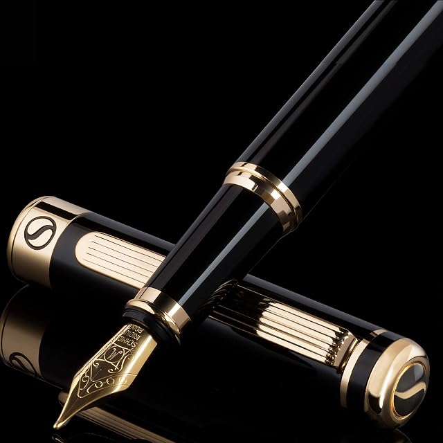 Scriveiner Black Lacquer Fountain Pen - Stunning Luxury Pen with 24K Gold Finish, Schmidt 18K Gilded Nib (Medium), Best Pen Gift Set for Men & Women, Professional, Executive, Office, Nice Pens
