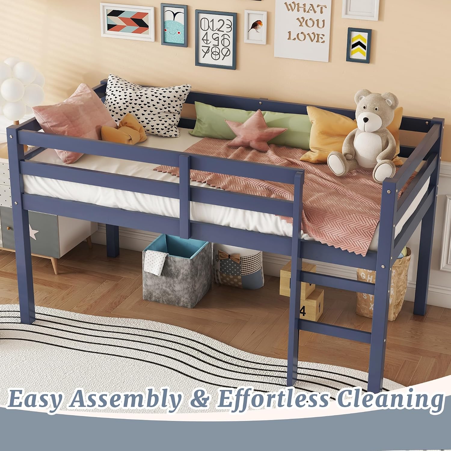 Twin Low Kids Loft Bed with Rails and Ladder for Boys Girls, Wood Junior Short Loft Bed Frame with Storage and Large Under-Bed Space for Kids Teens Adults, Wood Strengthened Slats, Blue